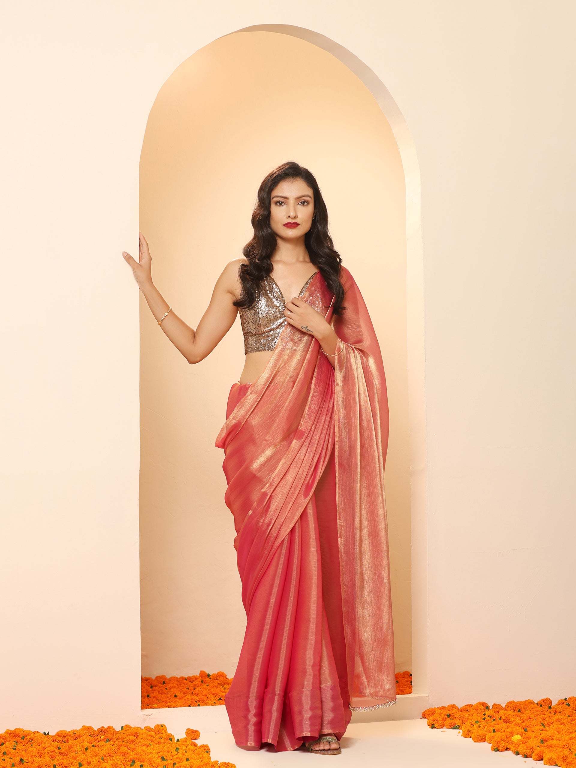 Pink Copper Mettalic Chiffon Saree with Lace