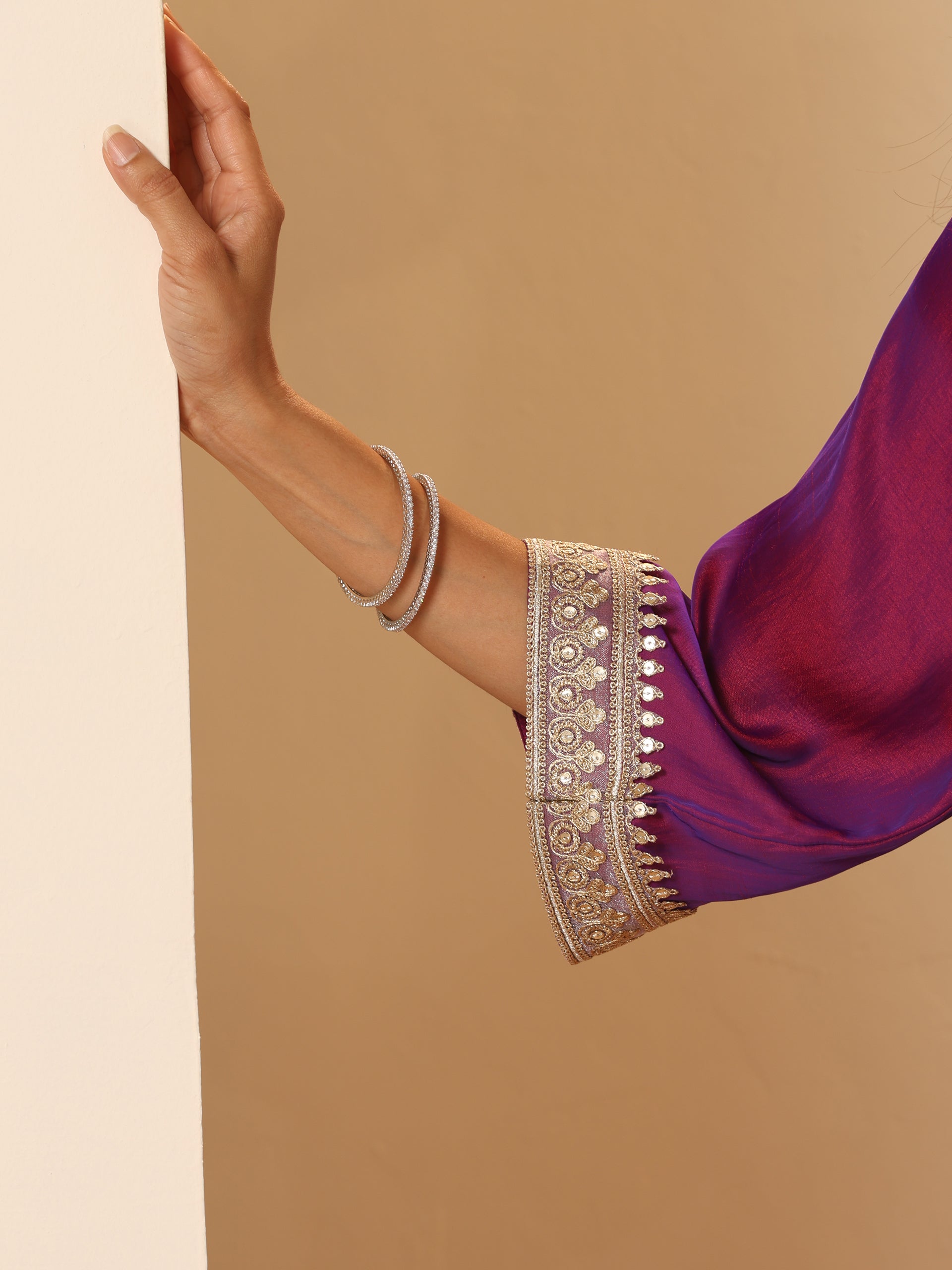 Women's Plum Kurta with Pyjama and Laces 2 Piece Set | A-Line, V Neck, 3/4 Sleeves, Pyjama, Festive Wear, (Satin)