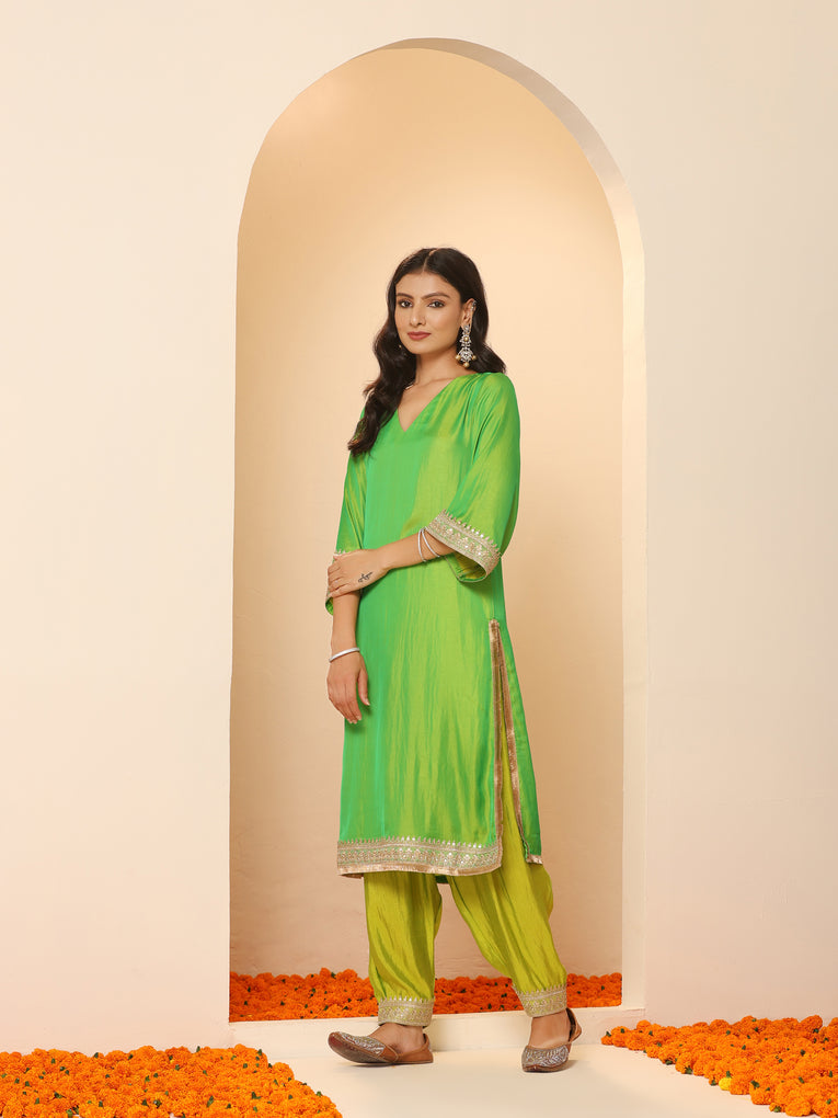 2 pc SET - Chartreuse Lime and Green Kurta and Pyjama with Laces