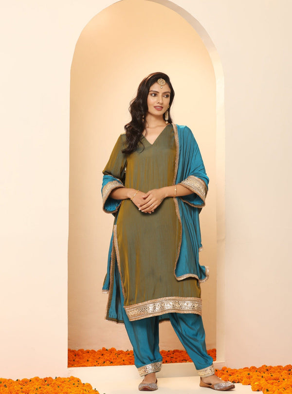 1 Pc - Grandeur Blue and Grey Dupatta with Lace
