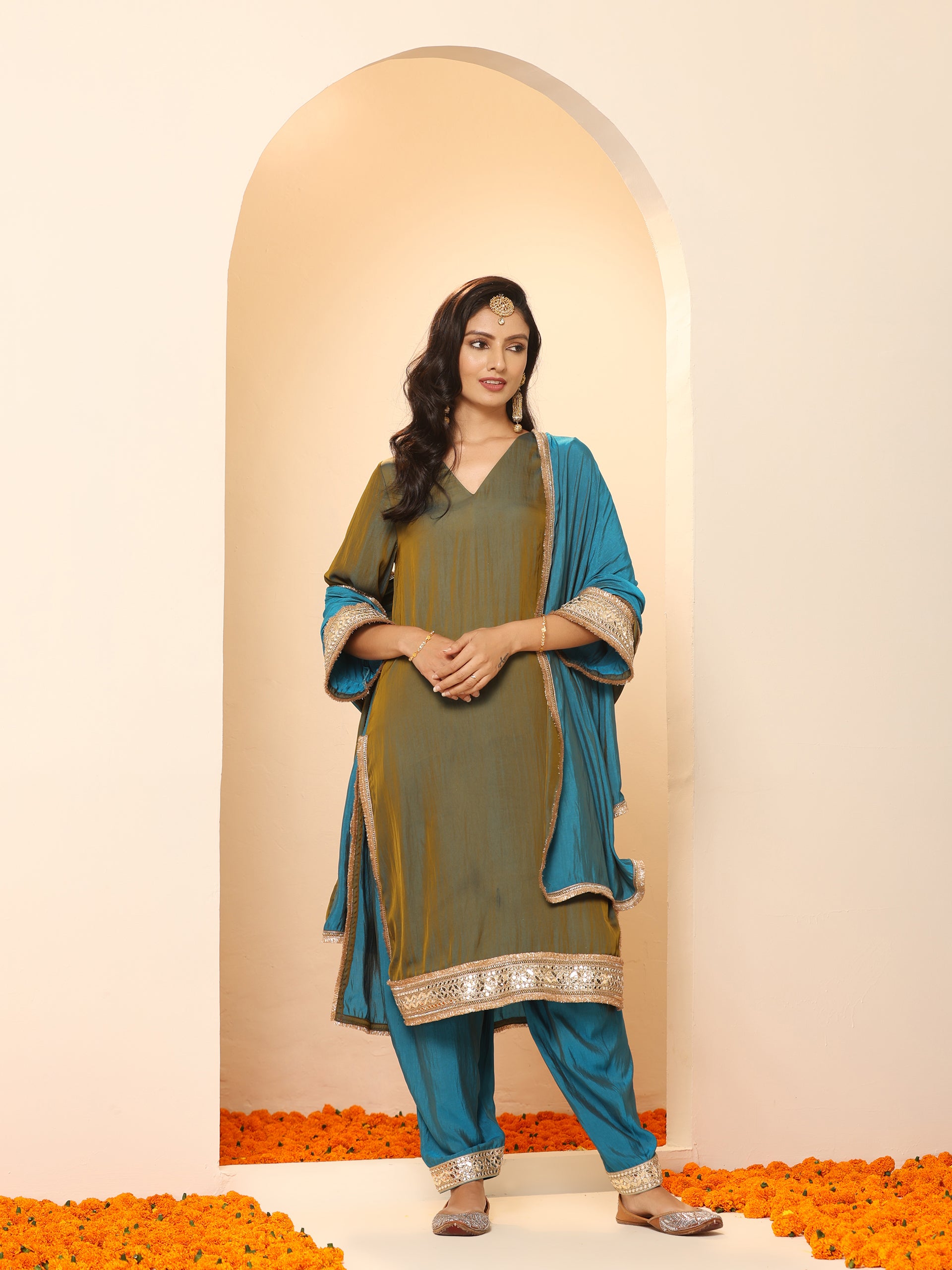 Women's Grandeur Blue and Grey Kurta with Pyjama and Laces 2 Piece Set | A-Line, V Neck, 3/4 Sleeves, Pyjama, Festive Wear, (Satin)