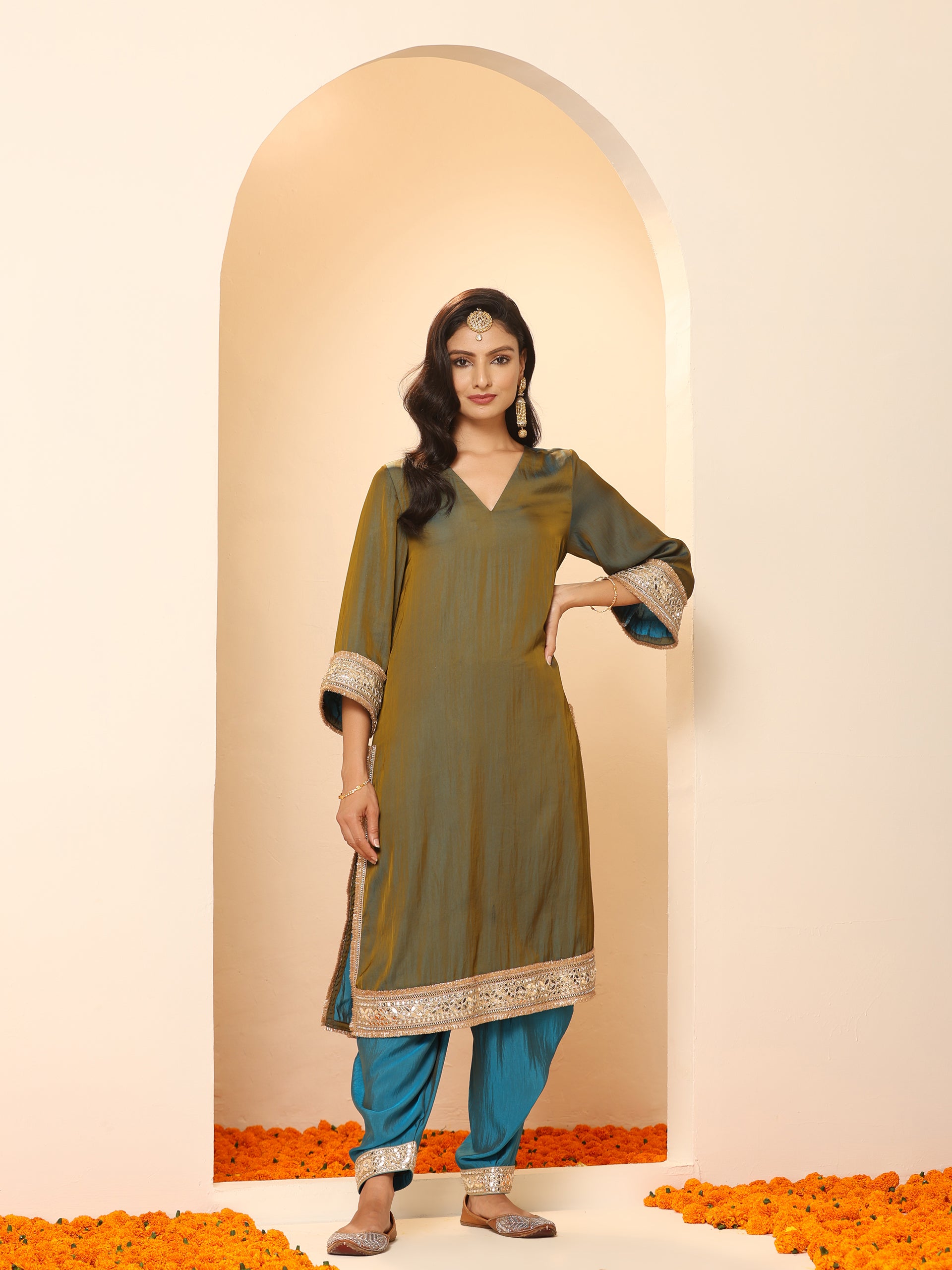 Women's Grandeur Blue and Grey Kurta with Pyjama and Laces 2 Piece Set | A-Line, V Neck, 3/4 Sleeves, Pyjama, Festive Wear, (Satin)