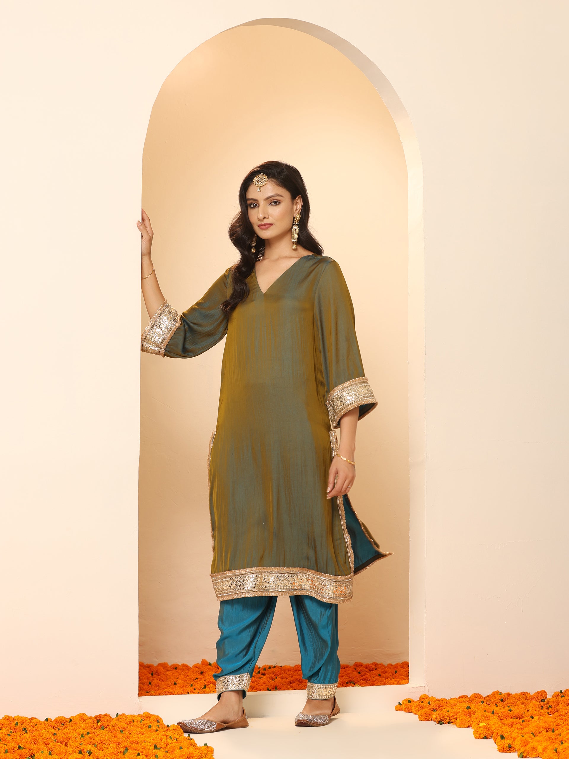 Women's Grandeur Blue and Grey Kurta with Pyjama and Laces 2 Piece Set | A-Line, V Neck, 3/4 Sleeves, Pyjama, Festive Wear, (Satin)