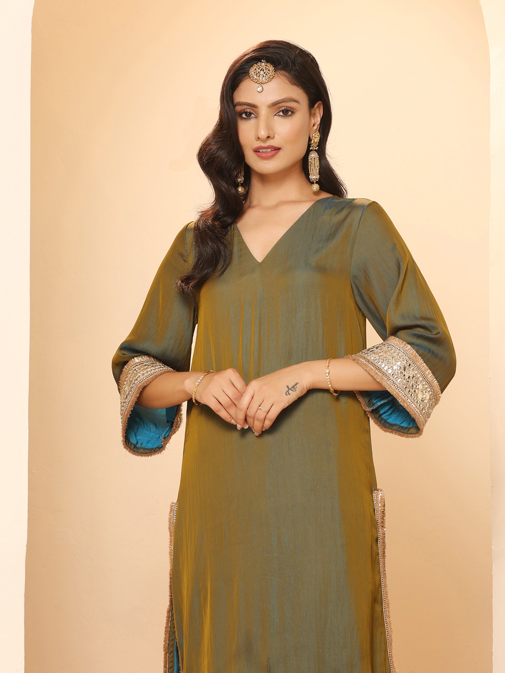 Women's Grandeur Blue and Grey Kurta with Pyjama and Laces 2 Piece Set | A-Line, V Neck, 3/4 Sleeves, Pyjama, Festive Wear, (Satin)
