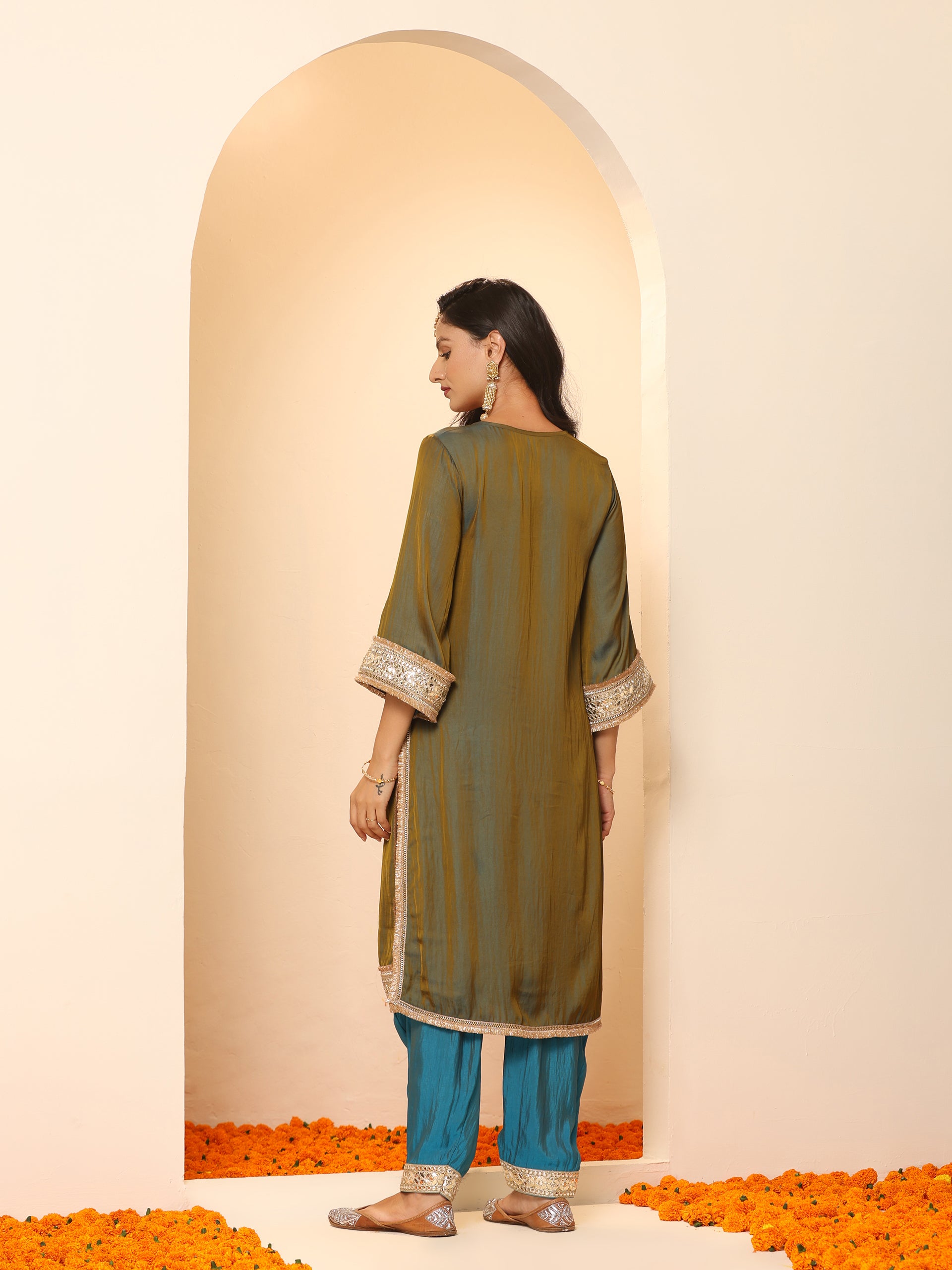Women's Grandeur Blue and Grey Kurta with Pyjama and Laces 2 Piece Set | A-Line, V Neck, 3/4 Sleeves, Pyjama, Festive Wear, (Satin)