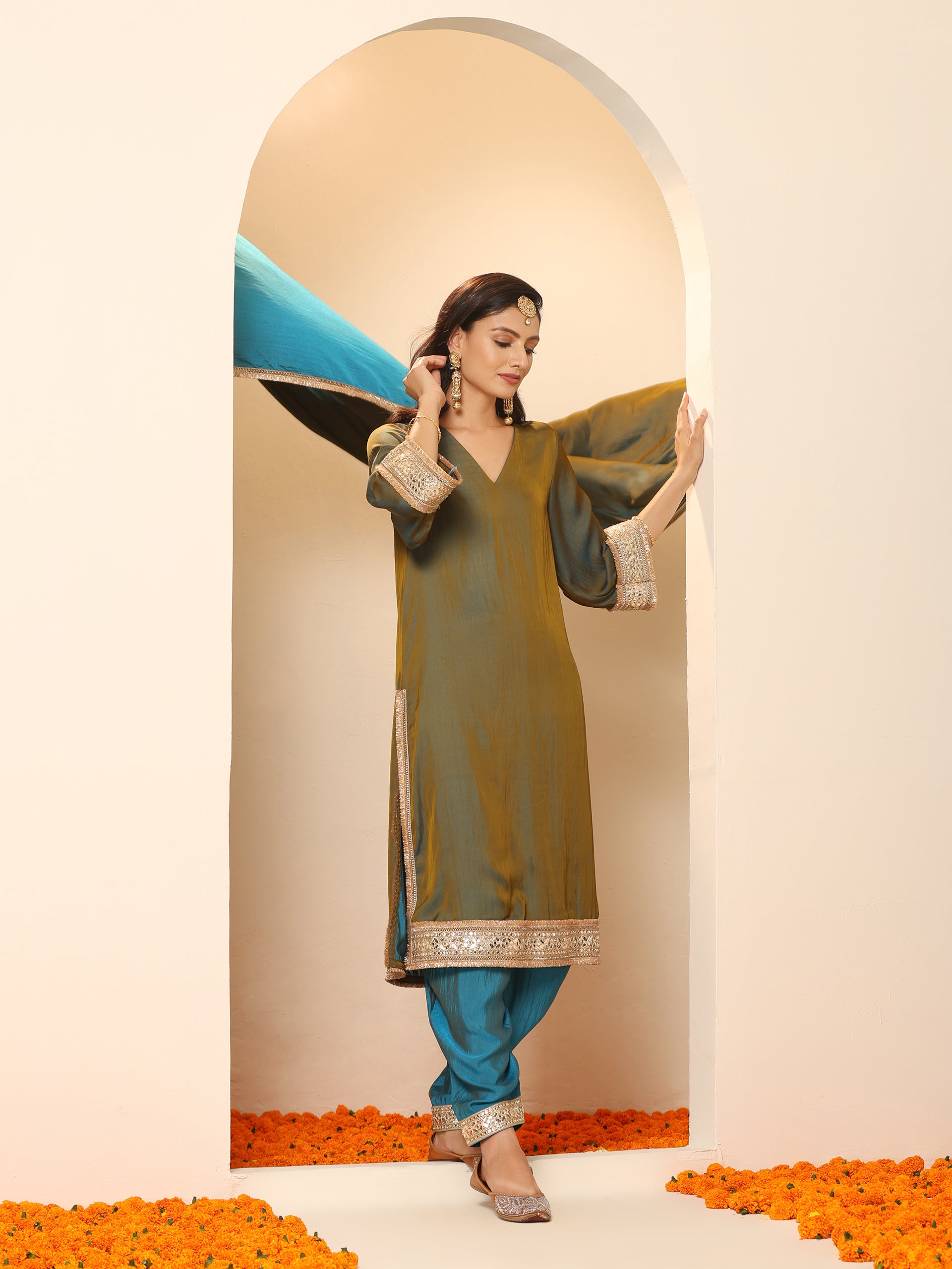 Women's Grandeur Blue and Grey Kurta with Pyjama and Laces 2 Piece Set | A-Line, V Neck, 3/4 Sleeves, Pyjama, Festive Wear, (Satin)