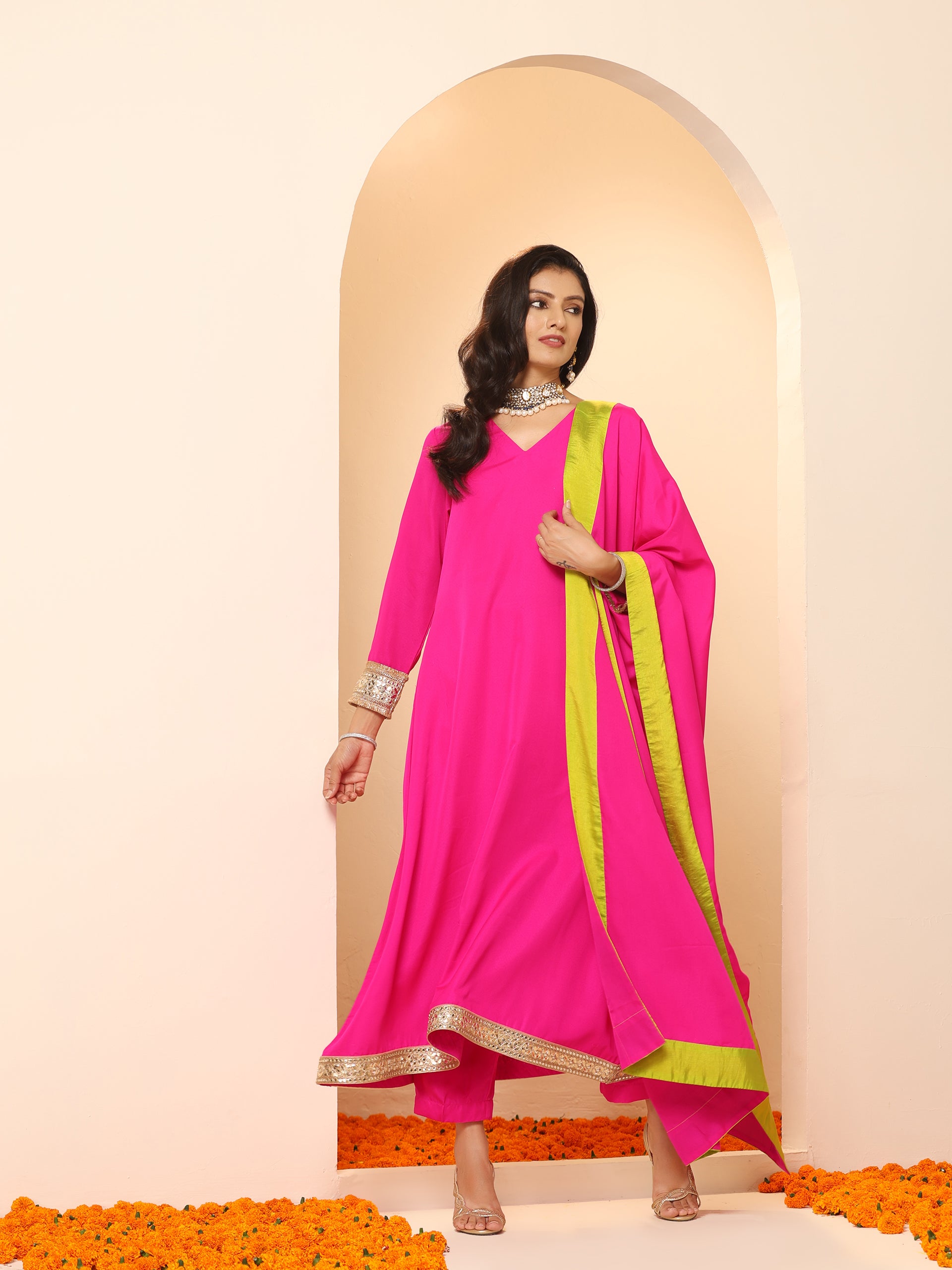 Women's Fuchsia Kurta with Lace, Pant, and Fuchsia and Green Dupatta 3 Piece Set | A-Line, V Neck, Full Sleeves, Pants, Festive Wear, (Chiffon)