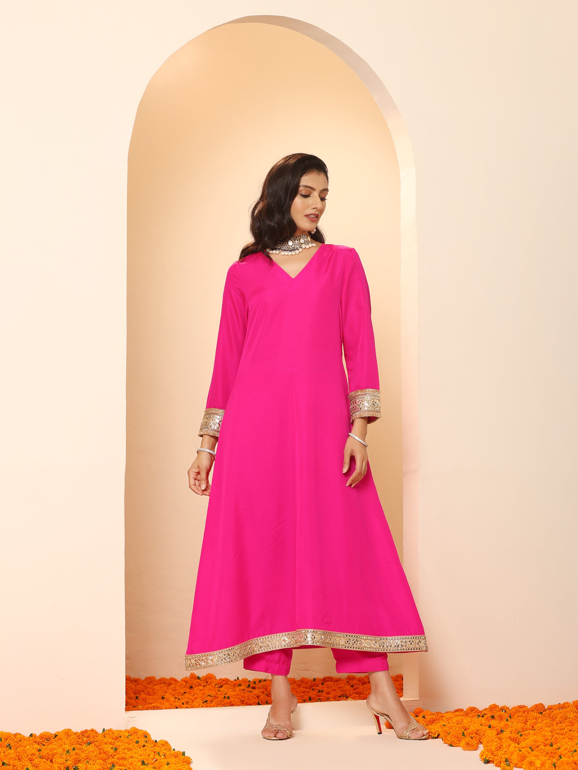 Women's Fuchsia Kurta with Lace, Pant, and Fuchsia and Green Dupatta 3 Piece Set | A-Line, V Neck, Full Sleeves, Pants, Festive Wear, (Chiffon)