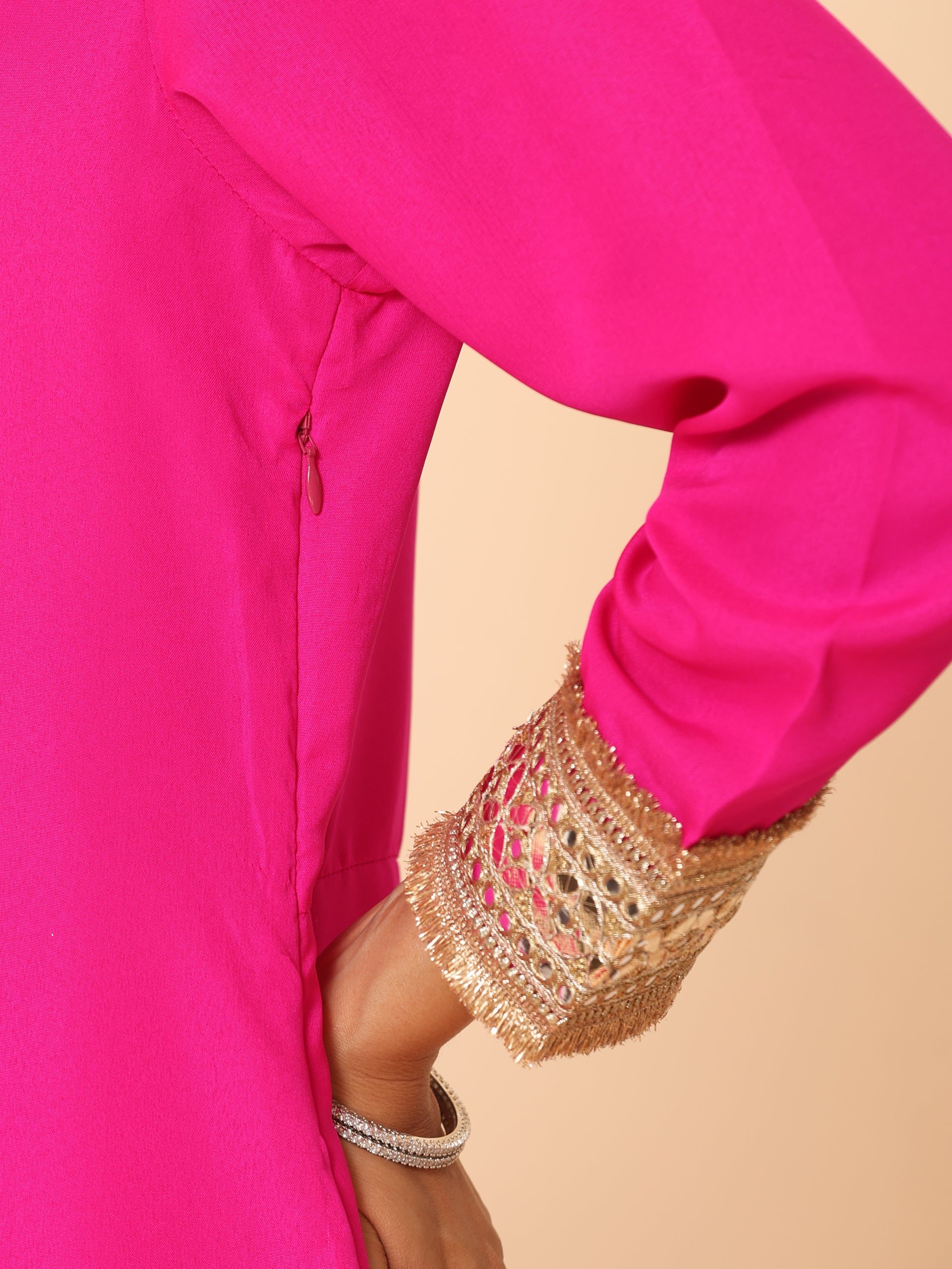 Women's Fuchsia Kurta with Lace, Pant, and Fuchsia and Green Dupatta 3 Piece Set | A-Line, V Neck, Full Sleeves, Pants, Festive Wear, (Chiffon)