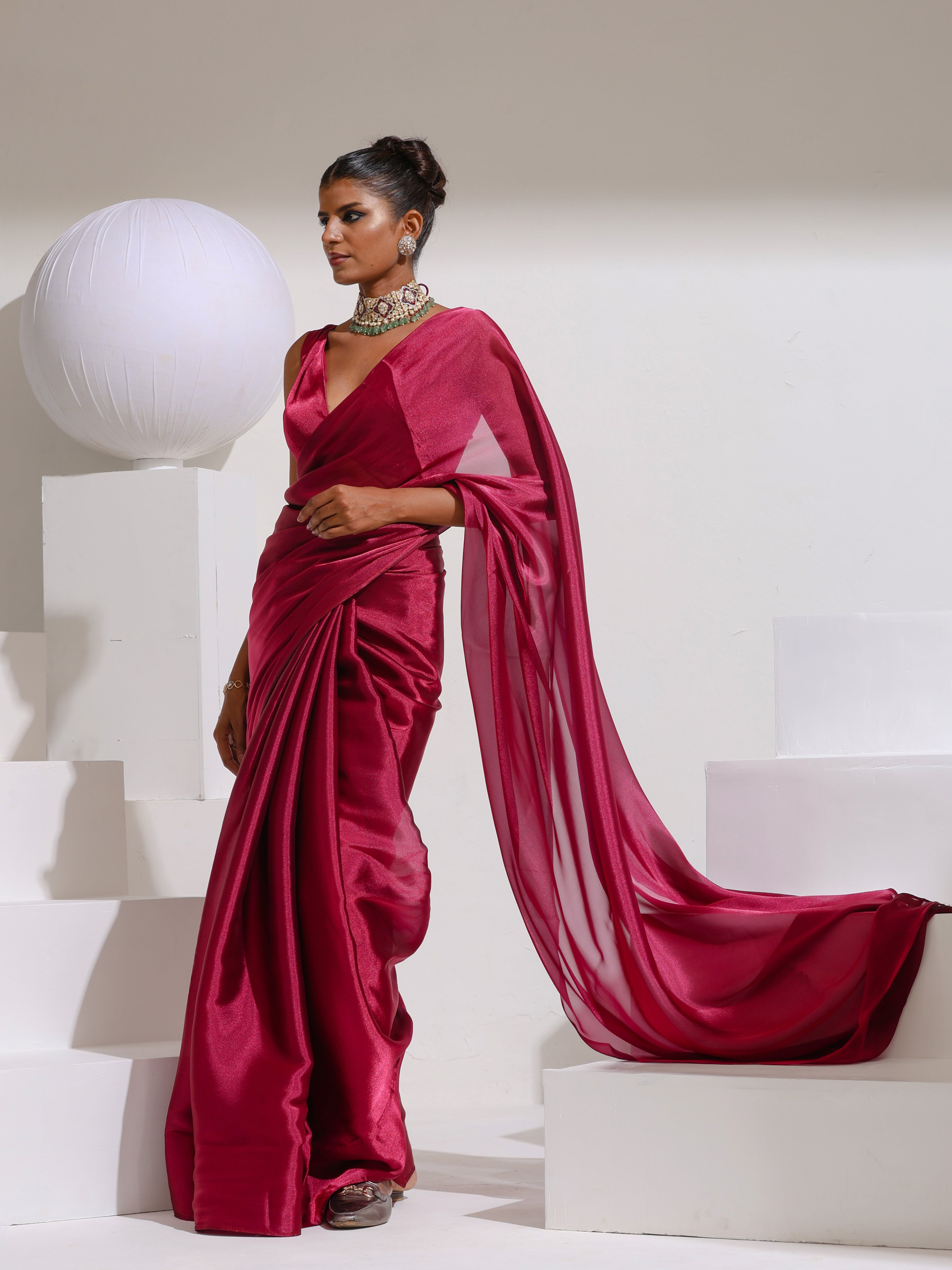 Wine Galaxy Organza Saree with Beads and Self Blouse Fabric