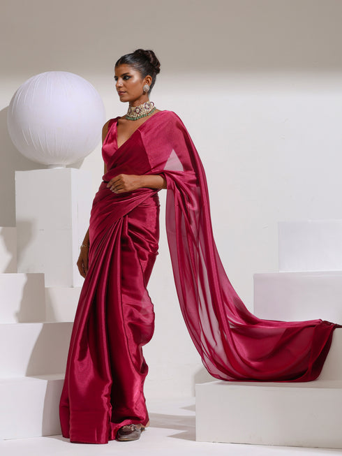 Wine Galaxy Organza Saree with Beads and Self Blouse Fabric