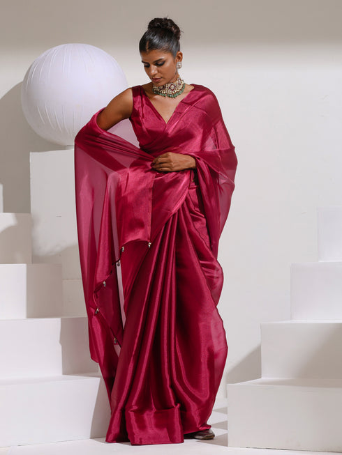 Wine Galaxy Organza Saree with Beads and Self Blouse Fabric
