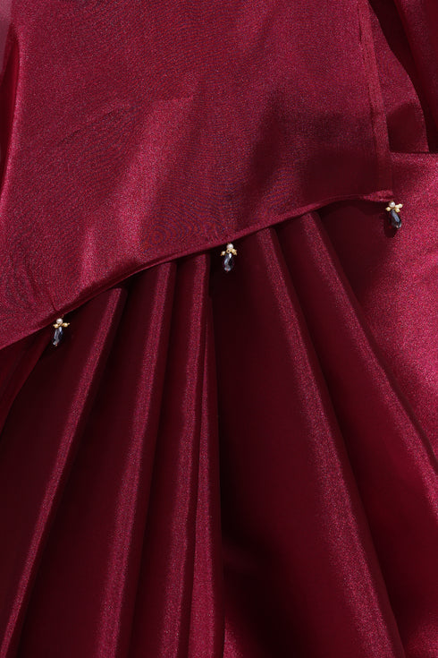 Wine Galaxy Organza Saree with Beads and Self Blouse Fabric