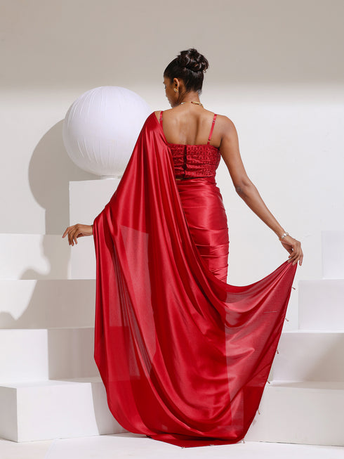 Big Apple Satin Saree with Beads and Embroidered Blouse Fabric