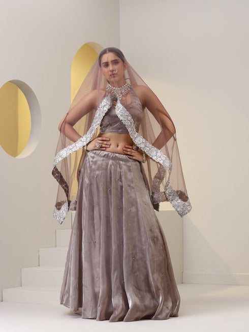3 pc SET - Rose Pearl Lehenga ,Blouse Fabric with Diamond studs, and Net dupatta with Lace