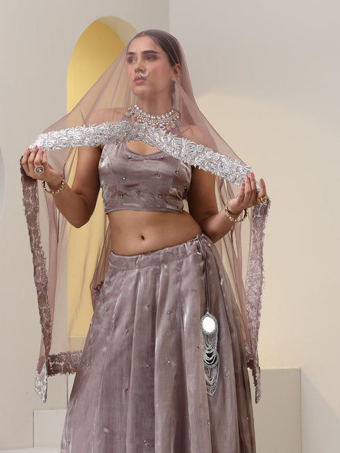3 pc SET - Rose Pearl Lehenga ,Blouse Fabric with Diamond studs, and Net dupatta with Lace