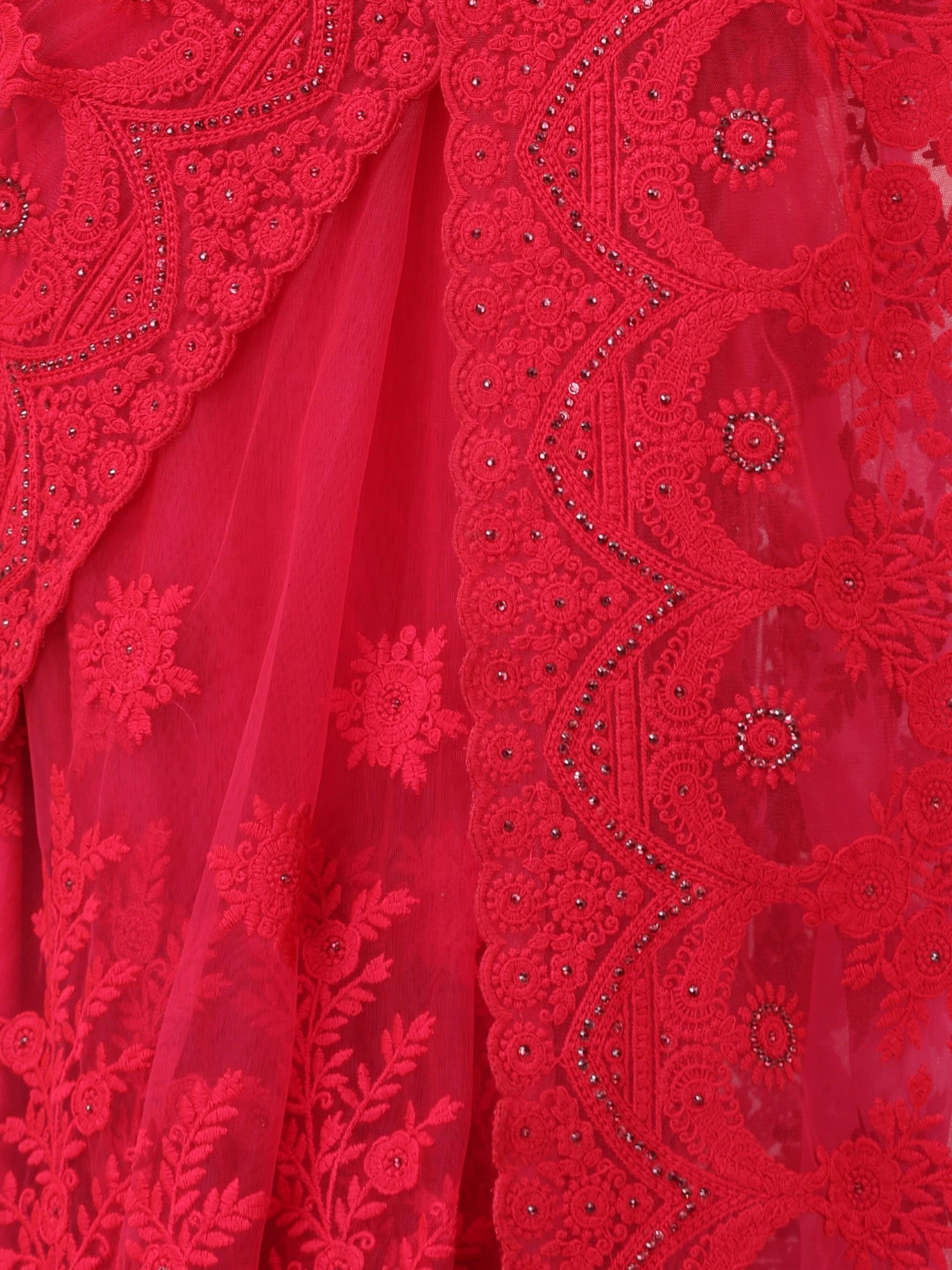 Pink Net Saree with All over Thick Scallop Embroidery and Shiny Dots with Blouse Fabric