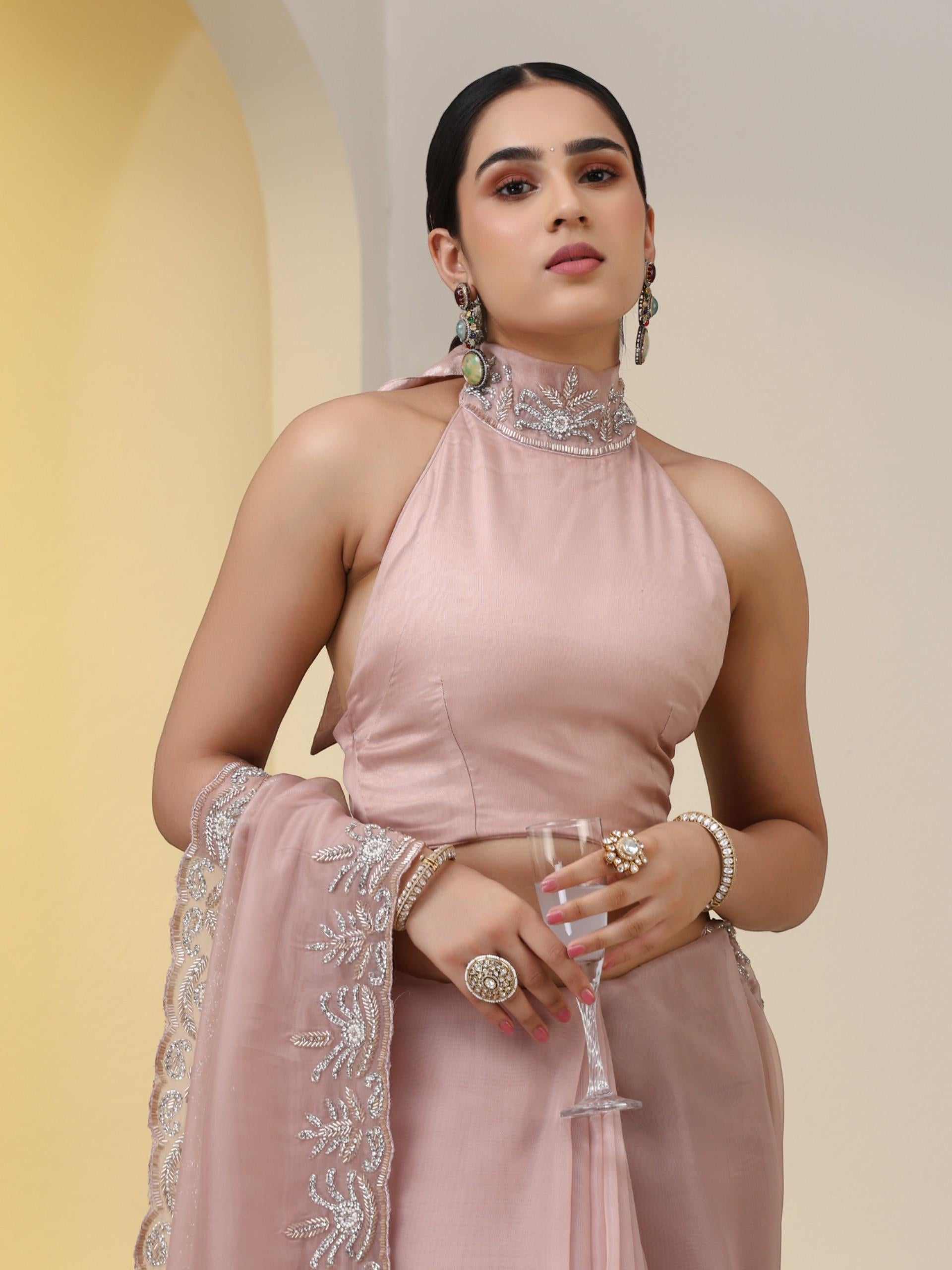 Rose Gold Organza Saree with Cut-Dana Embroidery with Blouse Fabric
