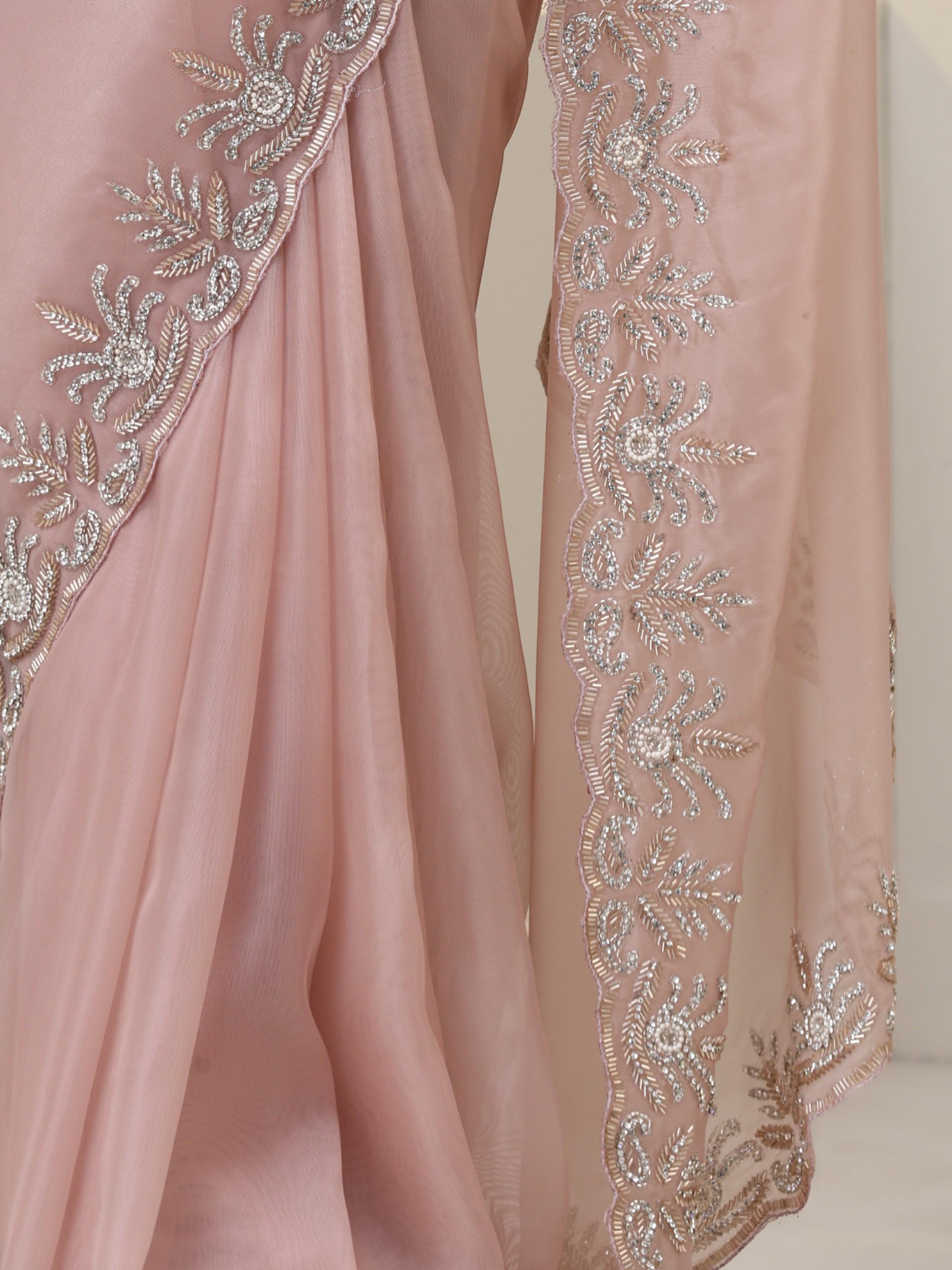 Rose Gold Organza Saree with Cut-Dana Embroidery with Blouse Fabric