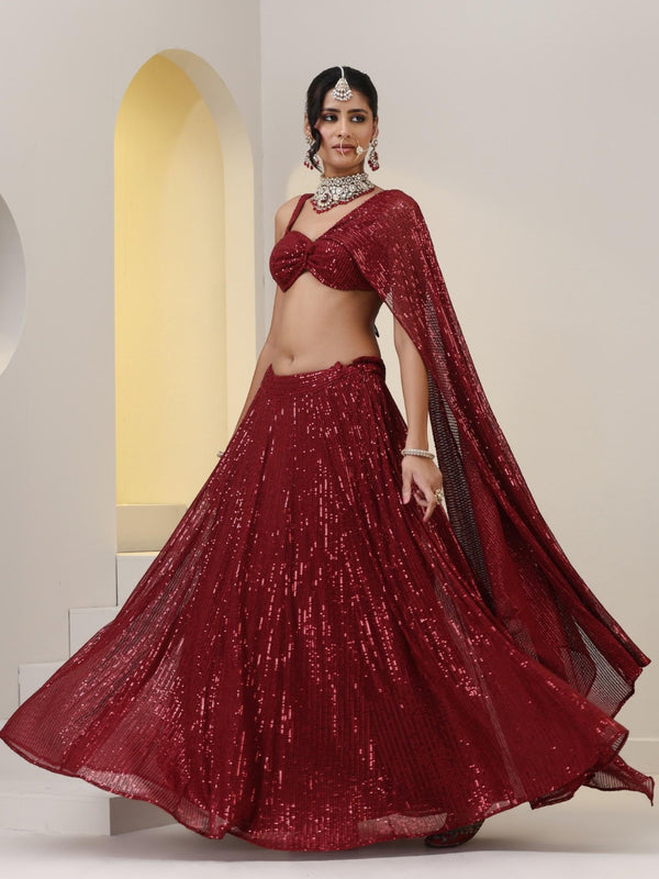 2 pc SET - Maroon Knit Sequined Lehenga with Blouse with Dupatta