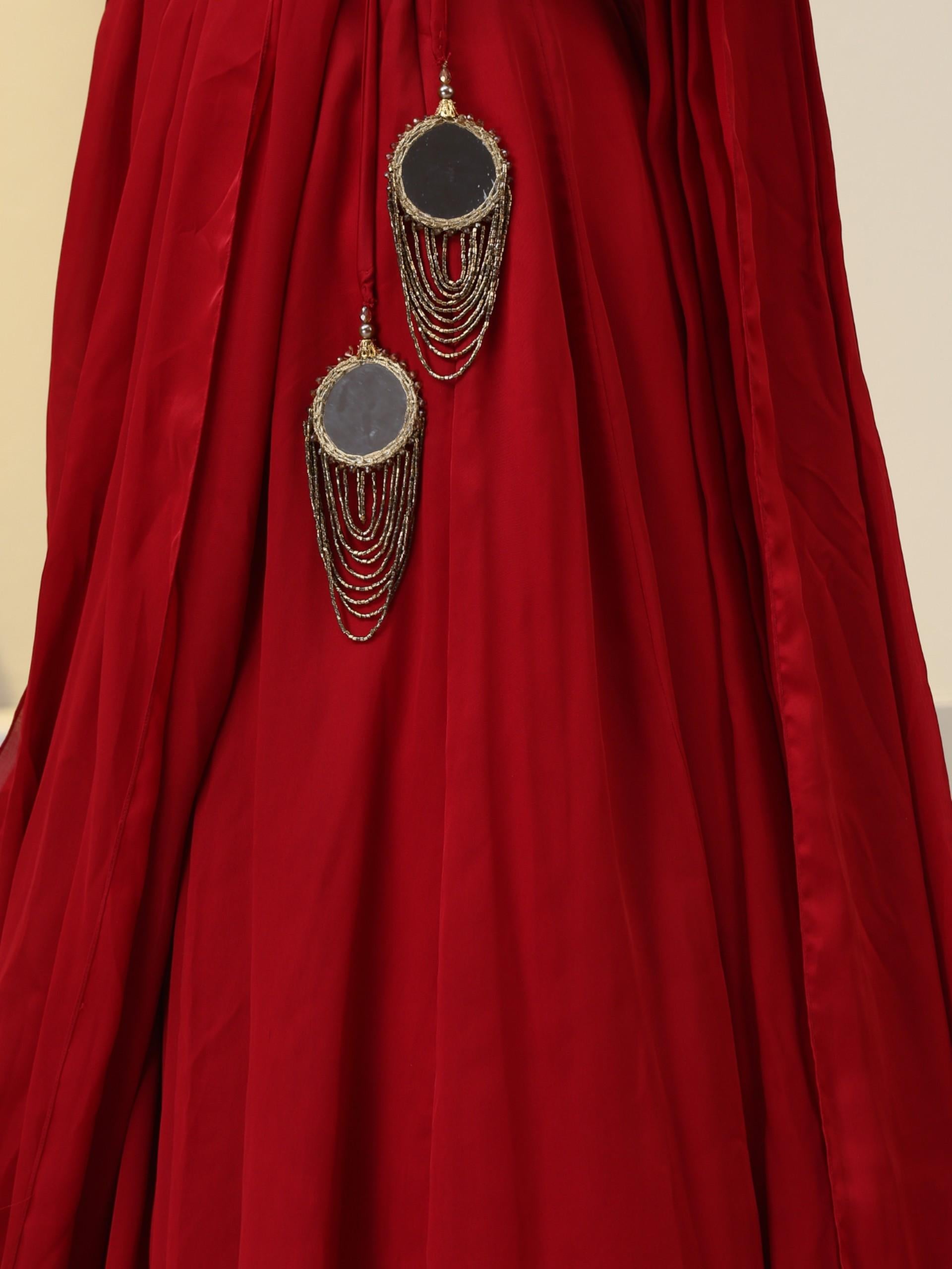 Milano Red Satin Skirt saree with Pallu with Beads on Waist-Band and Blouse Fabric