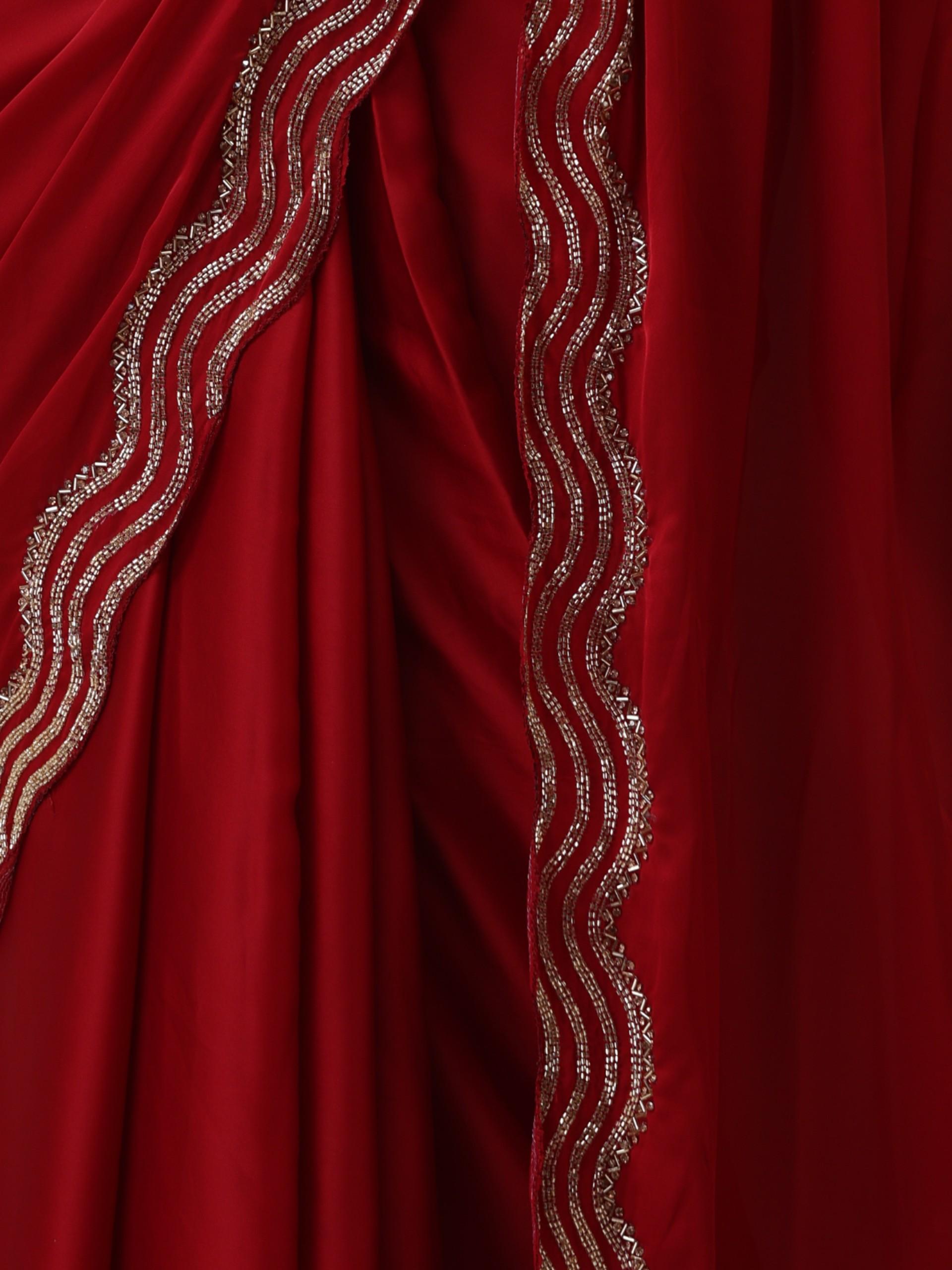 Milano Red Satin Saree with Hand embroidery with Blouse Fabric