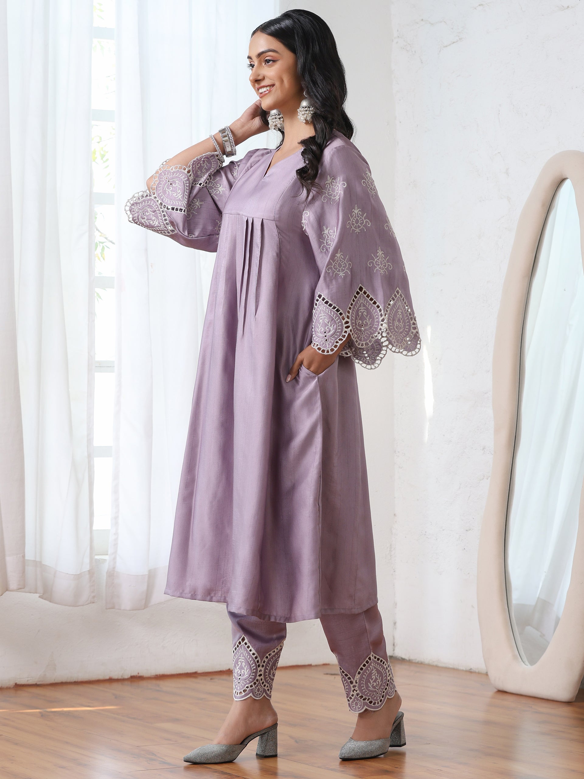 Women’s Lilac Suit Set with Pant | 2 Pc Set, A-Line, Swiss Embroidery on Sleeves, 3/4 Sleeve, Work Wear, Casual (PRF'T Lux Duchess Satin Fabric)