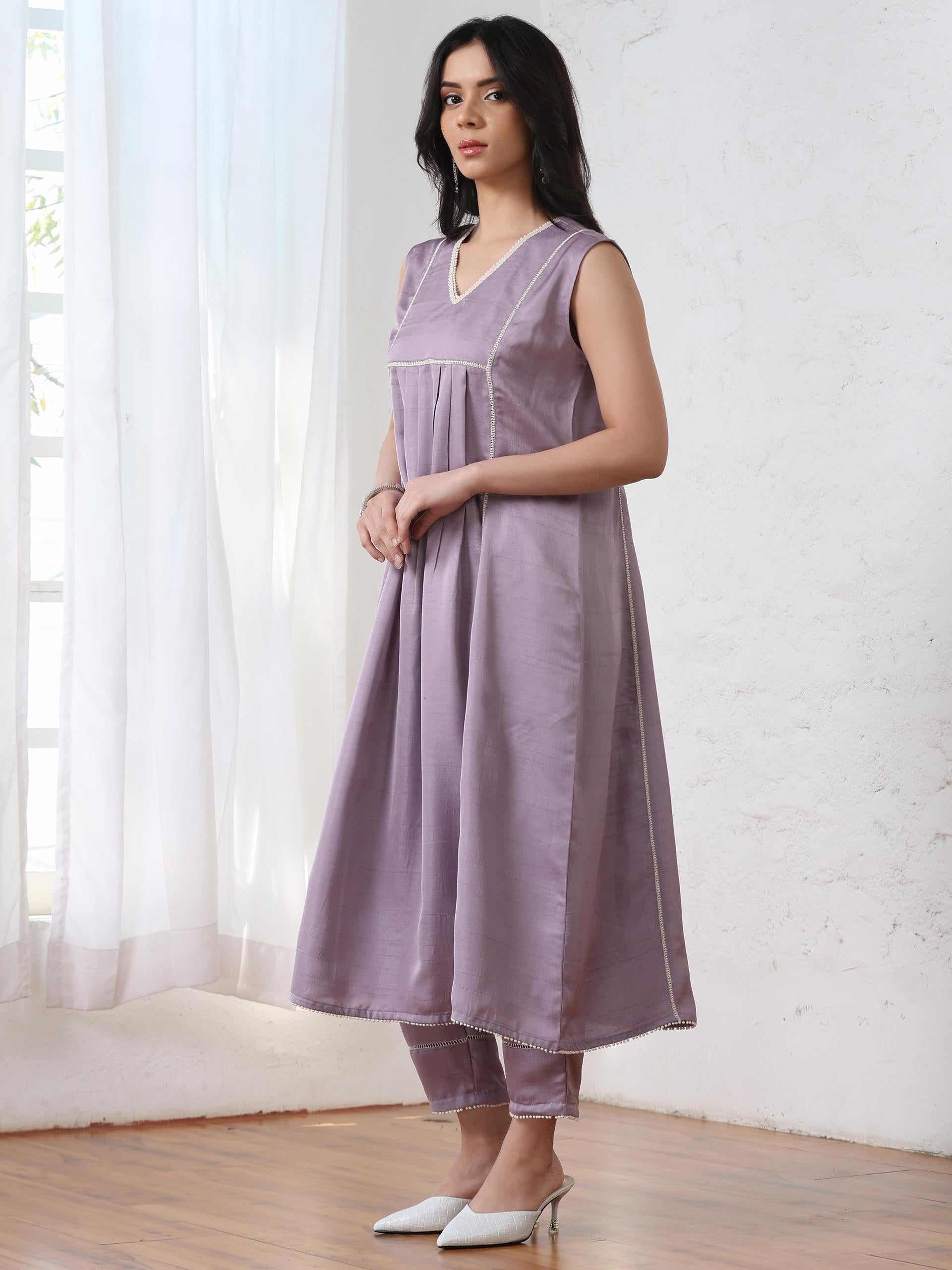 Women’s Lilac Suit Set with Pant | 2 Pc Set, Brassfield Design, Crochet Lace Detailing, Sleeveless, Festive Work Wear, Casual (PRF'T Lux Duchess Satin Fabric)