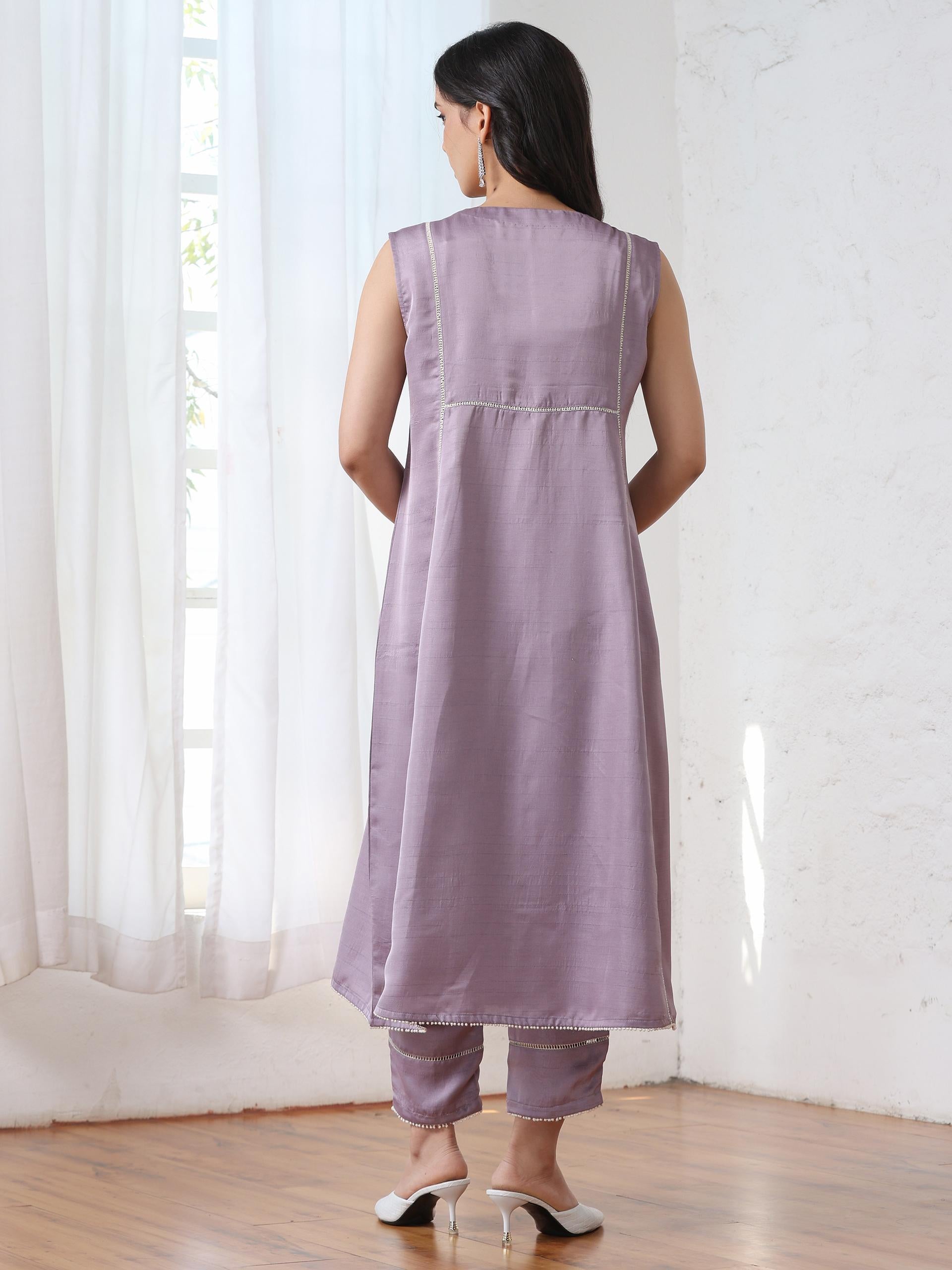 Women’s Lilac Suit Set with Pant | 2 Pc Set, Brassfield Design, Crochet Lace Detailing, Sleeveless, Festive Work Wear, Casual (PRF'T Lux Duchess Satin Fabric)