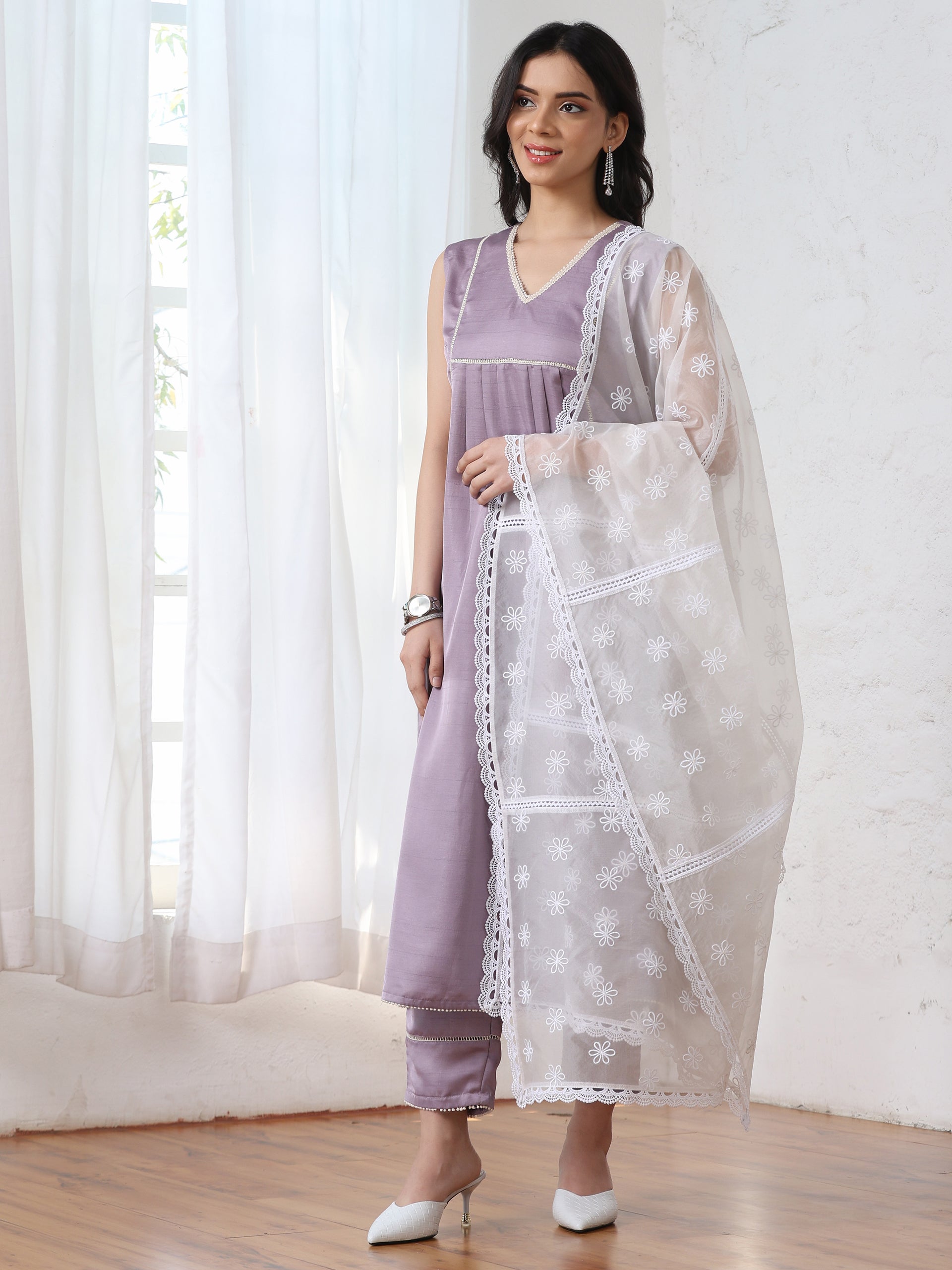 Women’s Lilac Suit Set with Pant | 2 Pc Set, Brassfield Design, Crochet Lace Detailing, Sleeveless, Festive Work Wear, Casual (PRF'T Lux Duchess Satin Fabric)
