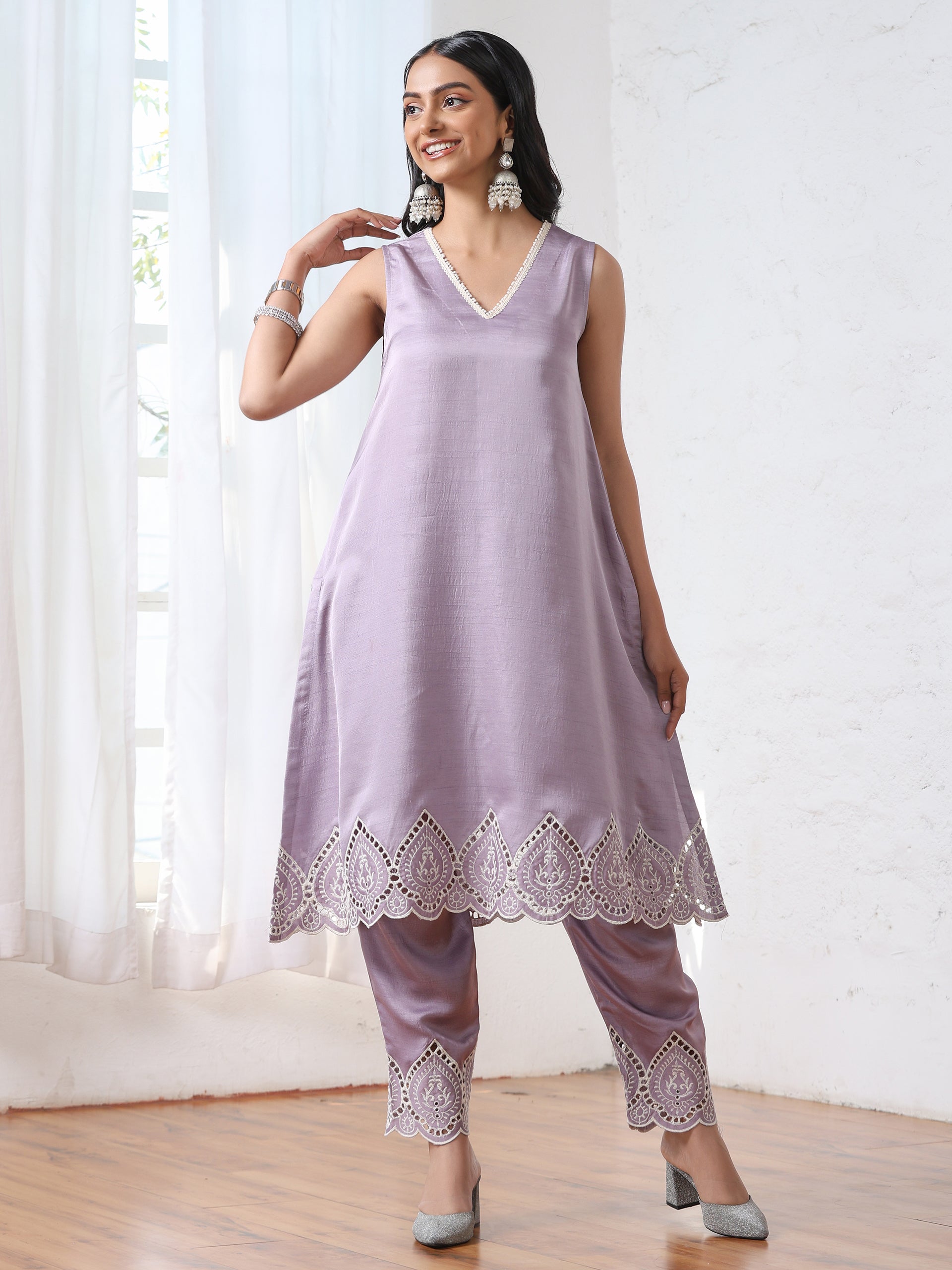 Women’s Lilac Schffli Suit Set with Pant | 2 Pc Set, A-Line, Swiss Embroidery on hem and pant, Sleeveless, Work Wear, Casual (PRF'T Lux Duchess Satin Fabric)