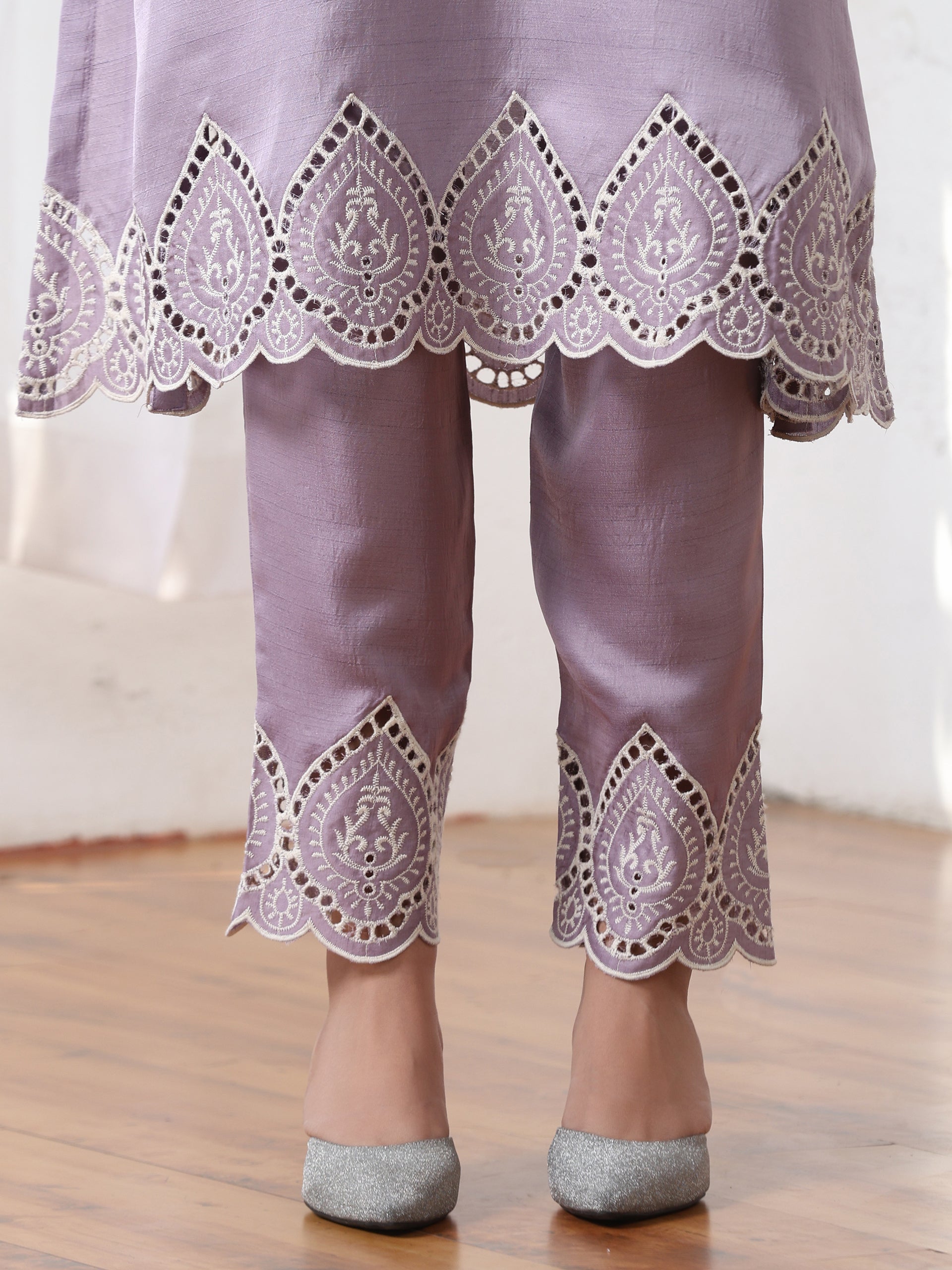 Women’s Lilac Schffli Suit Set with Pant | 2 Pc Set, A-Line, Swiss Embroidery on hem and pant, Sleeveless, Work Wear, Casual (PRF'T Lux Duchess Satin Fabric)