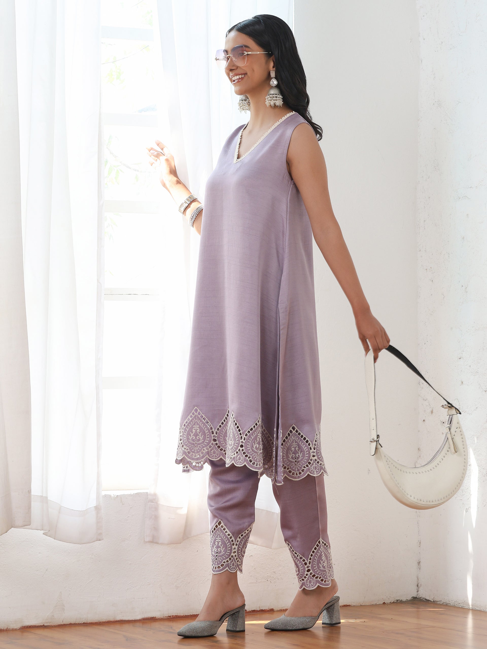 Women’s Lilac Schffli Suit Set with Pant | 2 Pc Set, A-Line, Swiss Embroidery on hem and pant, Sleeveless, Work Wear, Casual (PRF'T Lux Duchess Satin Fabric)