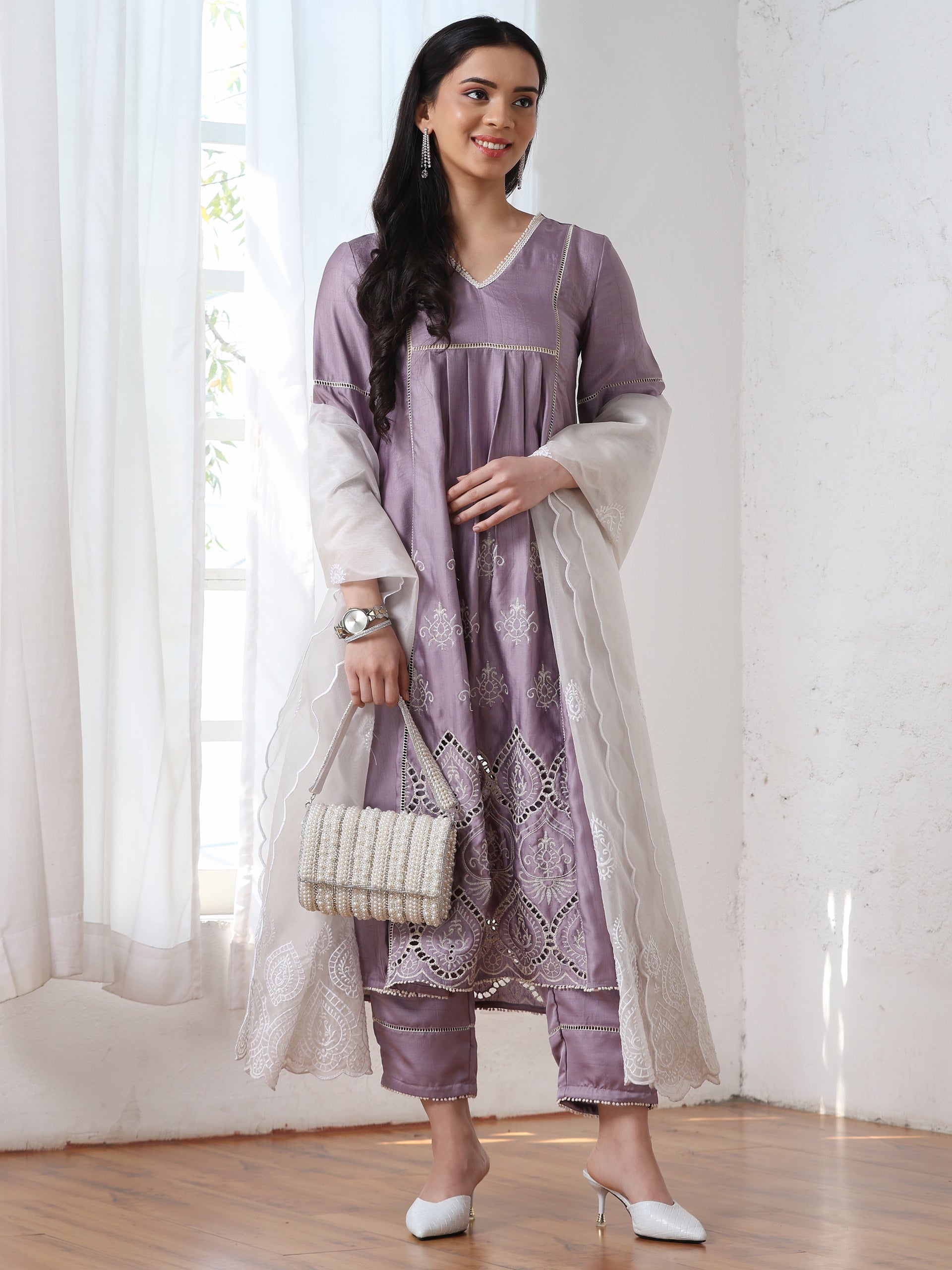 Women’s White on White Organza Dupatta | 1 Pc, Beetle Design Embroidery, Festive Party Wear
