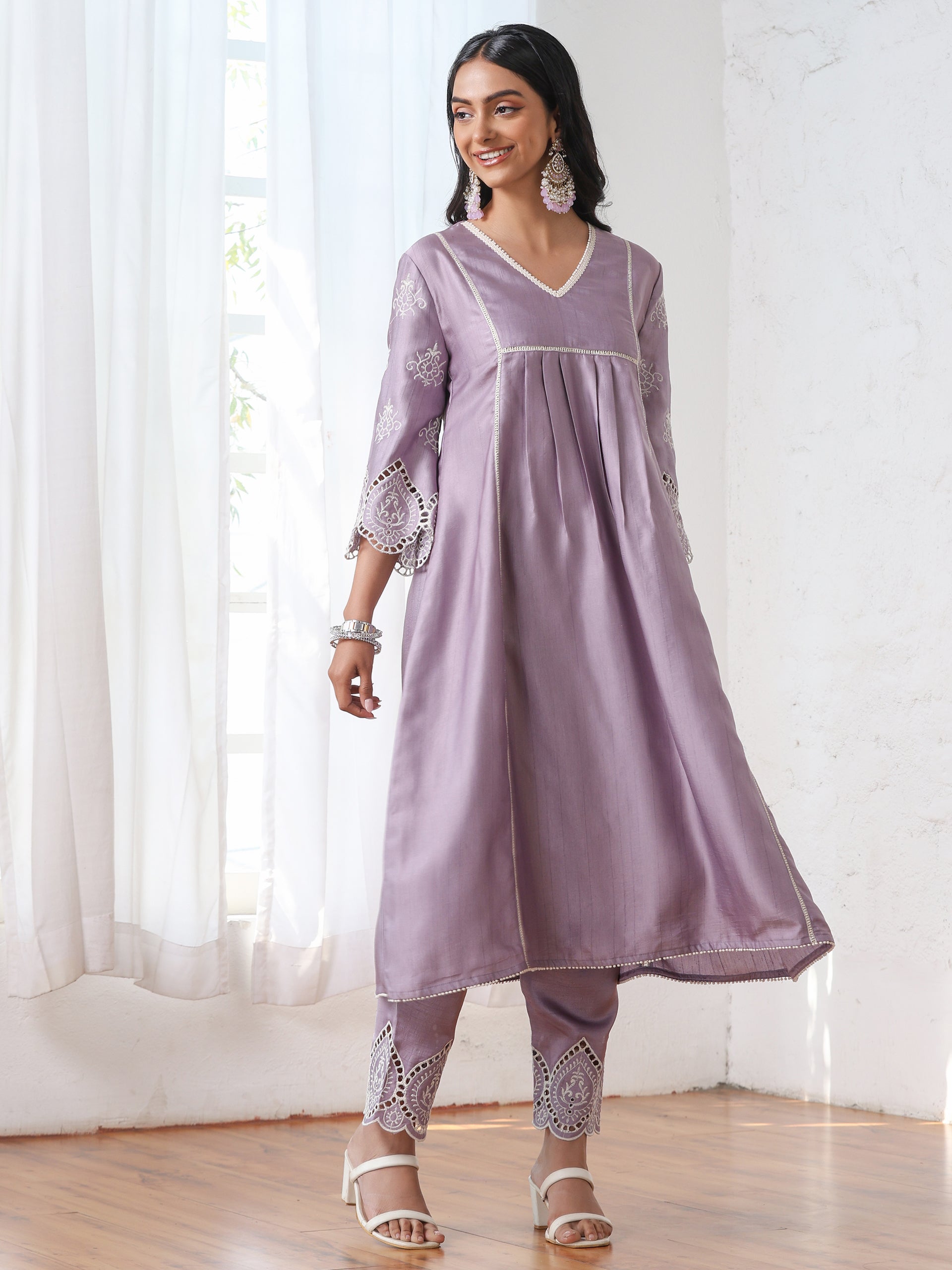 Women’s Lilac Suit Set with Pant | 2 Pc Set, A-Line, Swiss Embroidery on Sleeves, Work Wear, Casual (PRF'T Lux Duchess Satin Fabric)