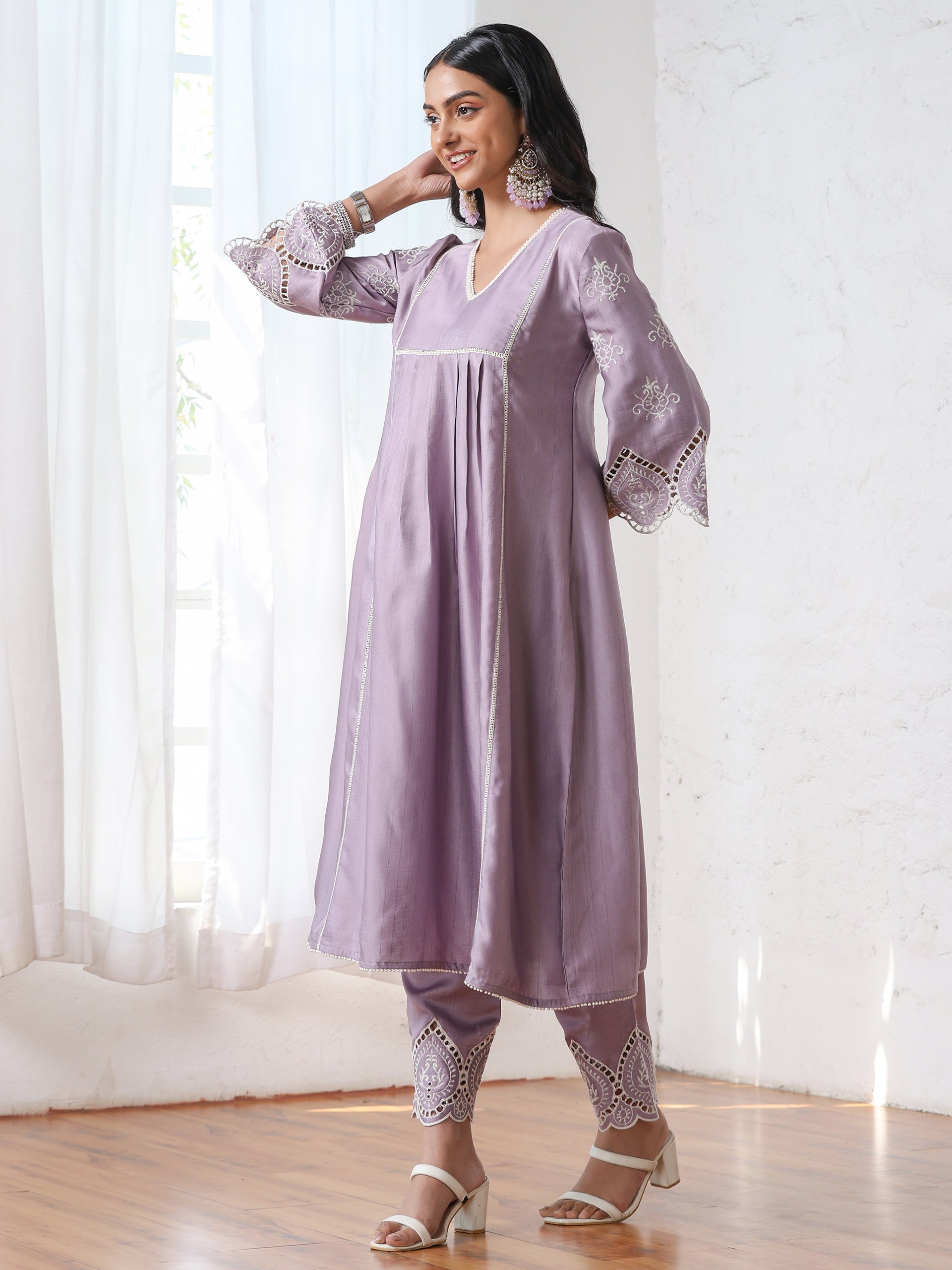 Women’s Lilac Suit Set with Pant | 2 Pc Set, A-Line, Swiss Embroidery on Sleeves, Work Wear, Casual (PRF'T Lux Duchess Satin Fabric)
