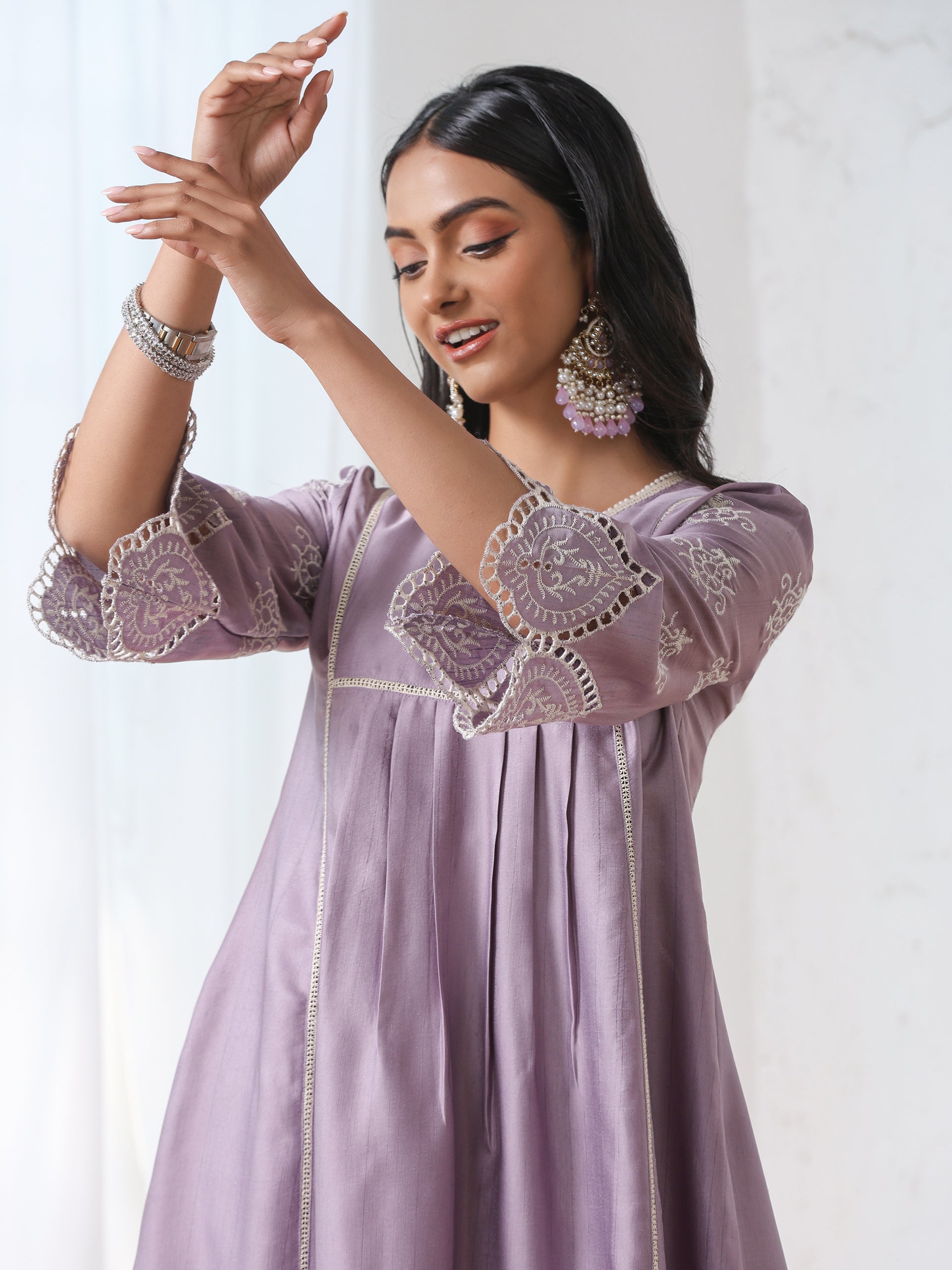 Women’s Lilac Suit Set with Pant | 2 Pc Set, A-Line, Swiss Embroidery on Sleeves, Work Wear, Casual (PRF'T Lux Duchess Satin Fabric)