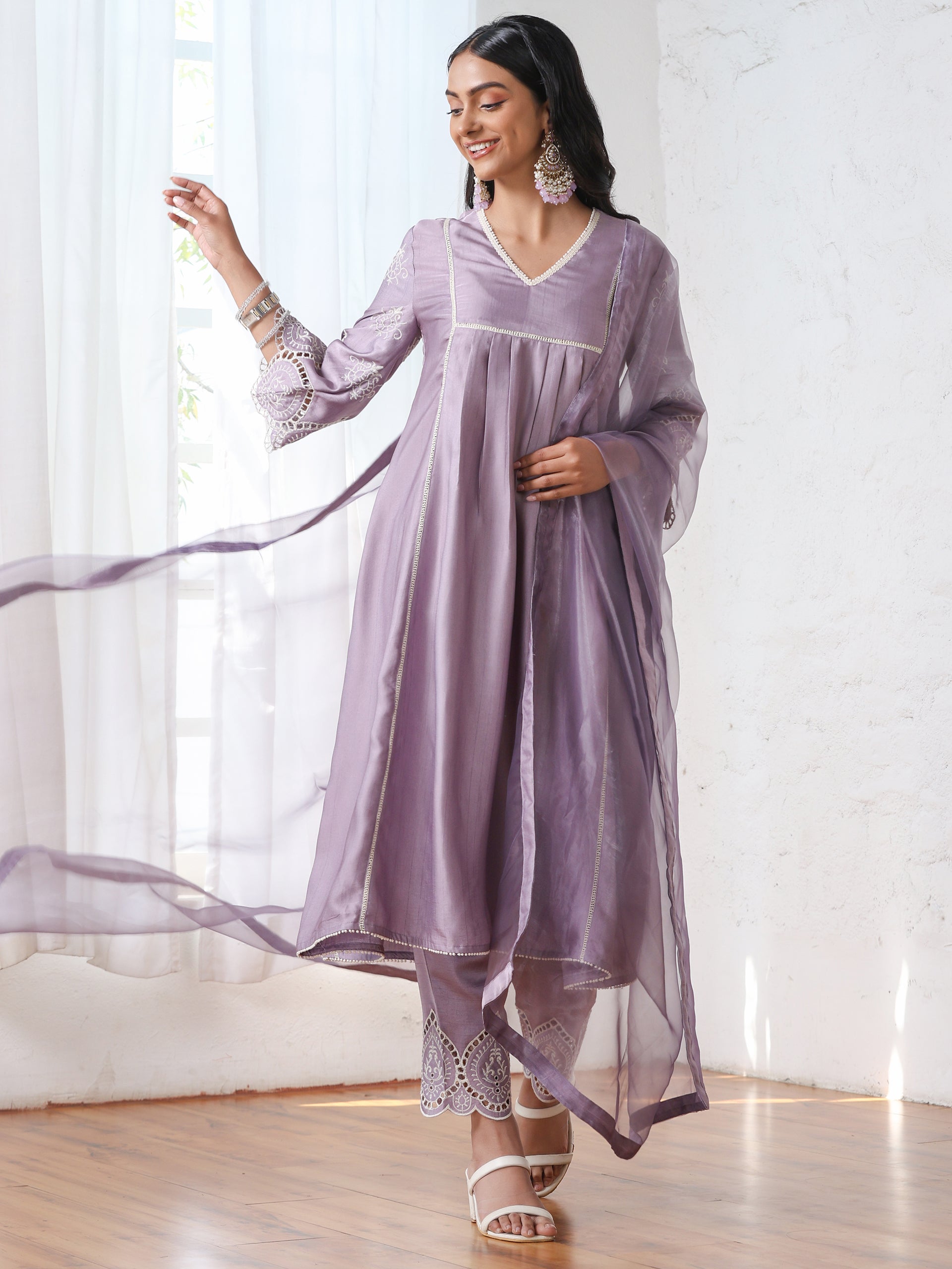 Women’s Lilac Suit Set with Pant | 2 Pc Set, A-Line, Swiss Embroidery on Sleeves, Work Wear, Casual (PRF'T Lux Duchess Satin Fabric)