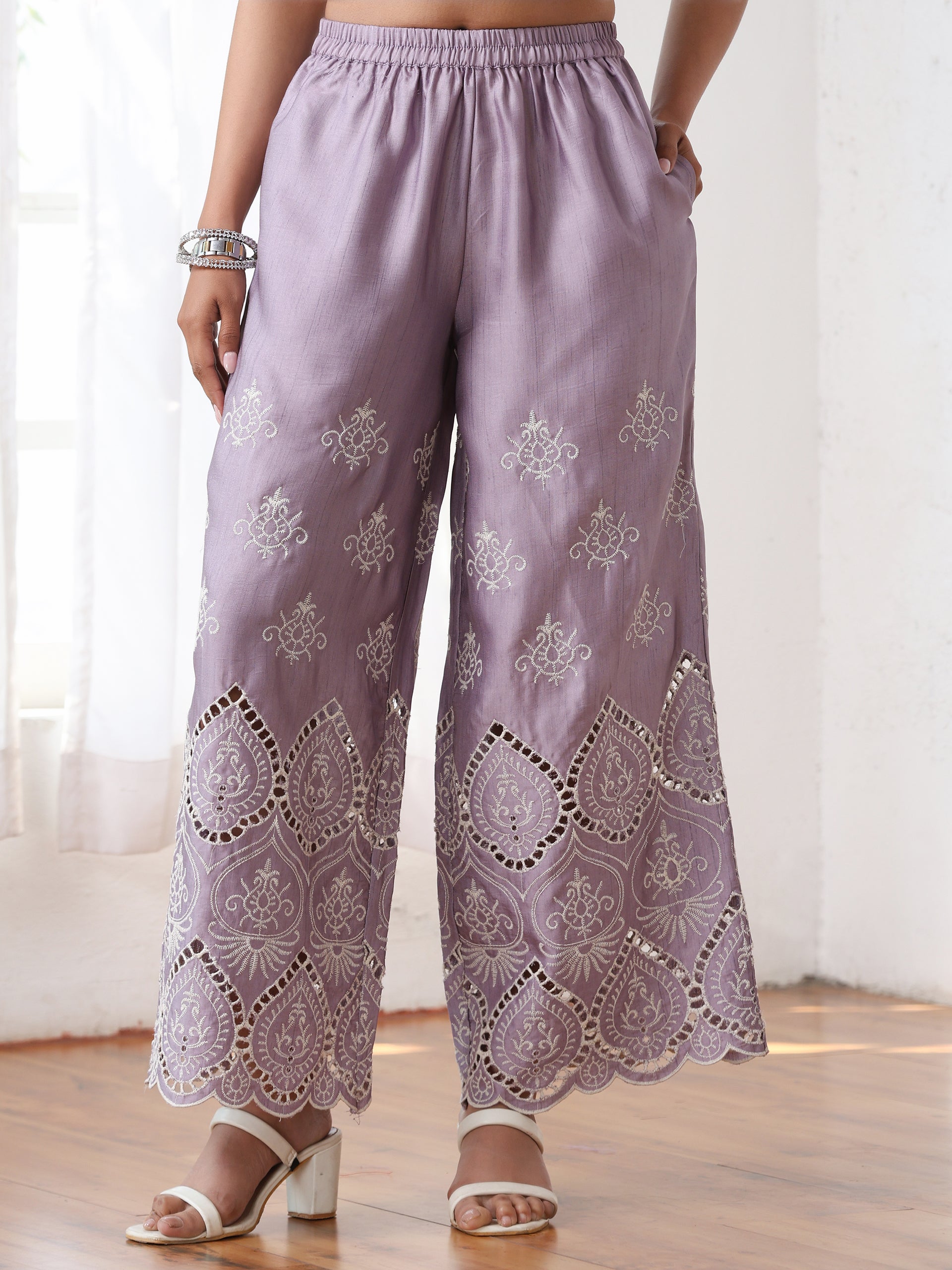 Women’s Lilac Suit Set with Pant | 2 Pc Set, A-Line, Swiss Embroidery on Kurta, Party Wear, Casual (PRF'T Lux Duchess Satin Fabric)