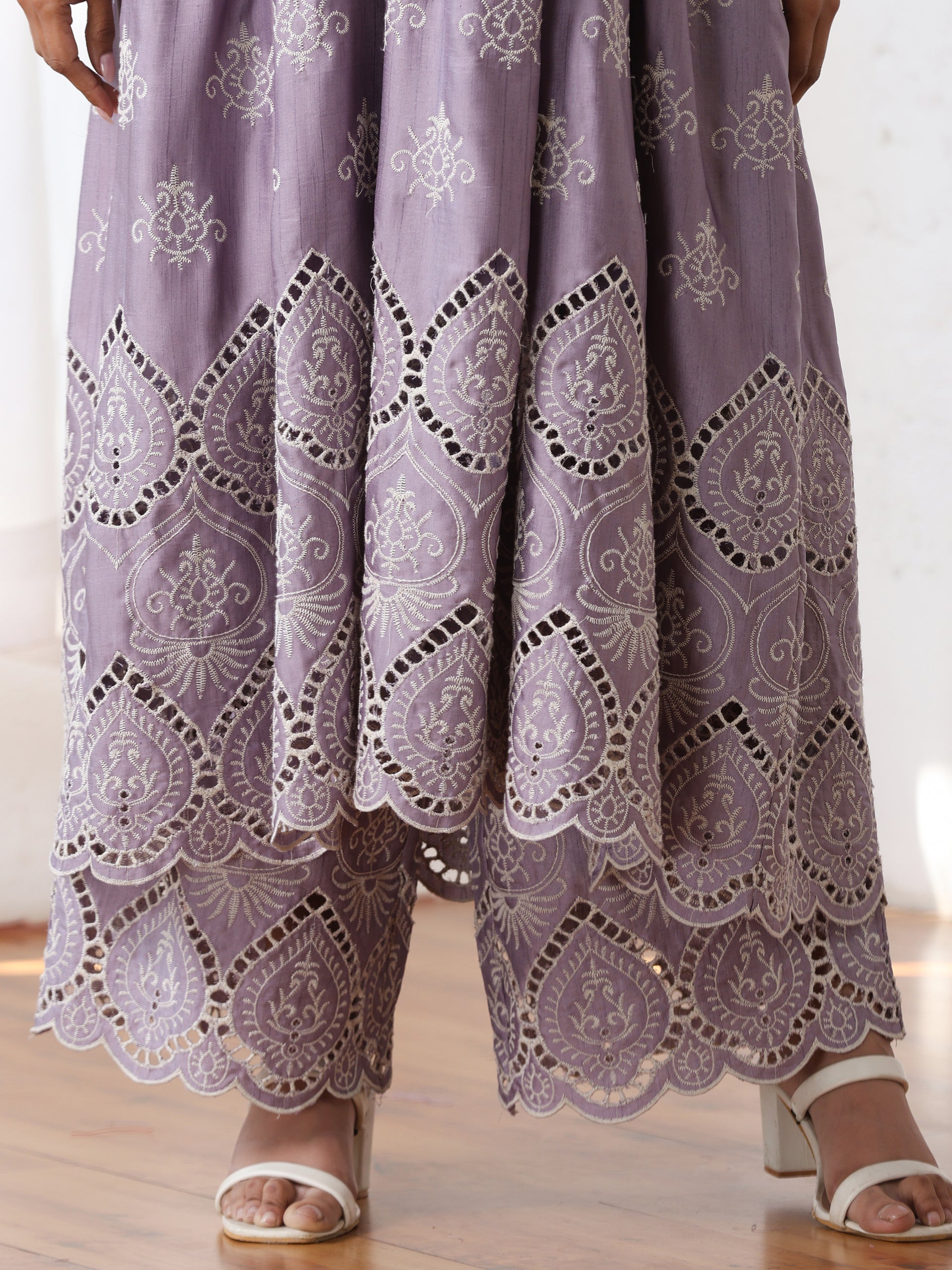 Women’s Lilac Suit Set with Pant | 2 Pc Set, A-Line, Swiss Embroidery on Kurta, Party Wear, Casual (PRF'T Lux Duchess Satin Fabric)