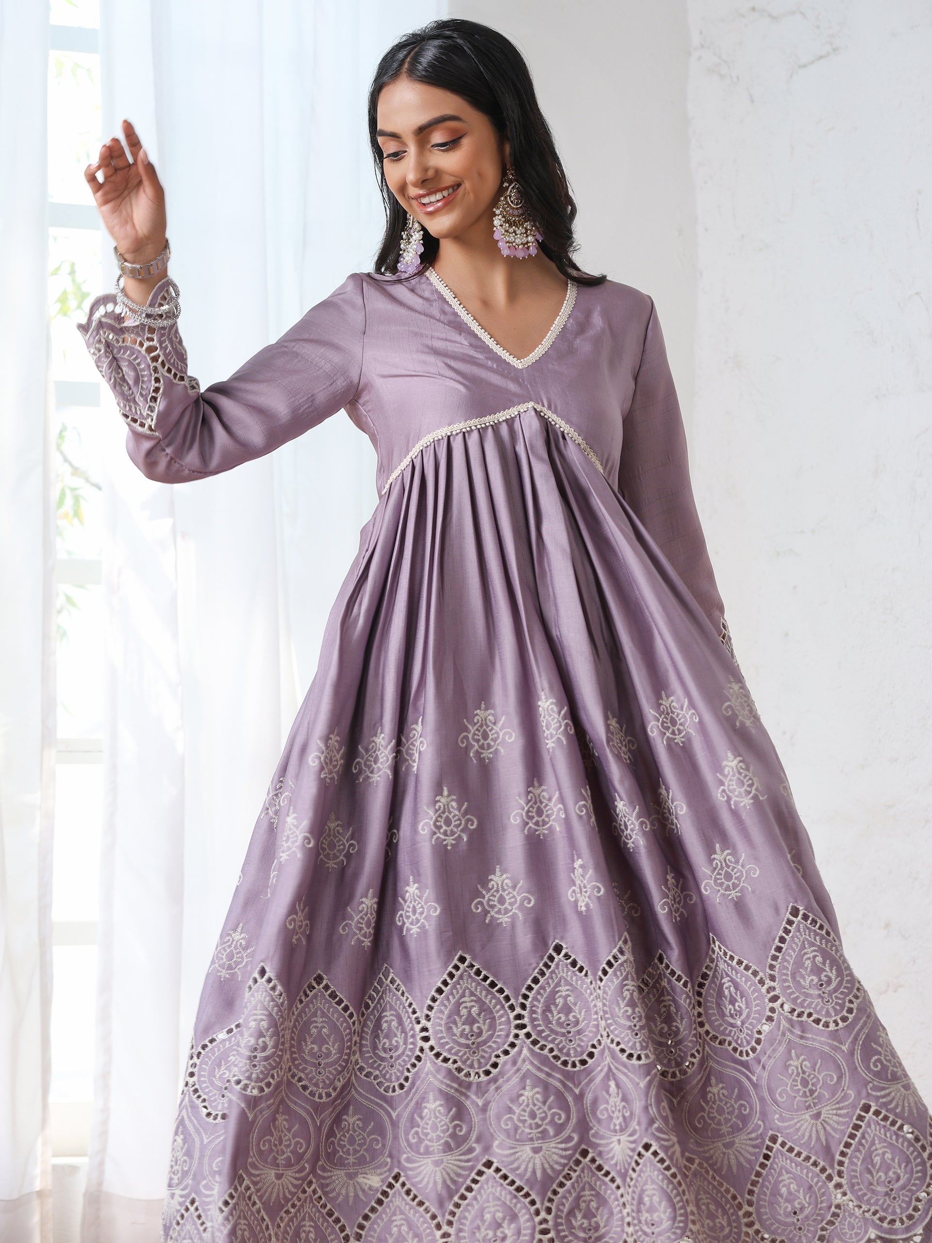 Women’s Lilac Suit Set with Pant | 2 Pc Set, A-Line, Swiss Embroidery on Kurta, Party Wear, Casual (PRF'T Lux Duchess Satin Fabric)