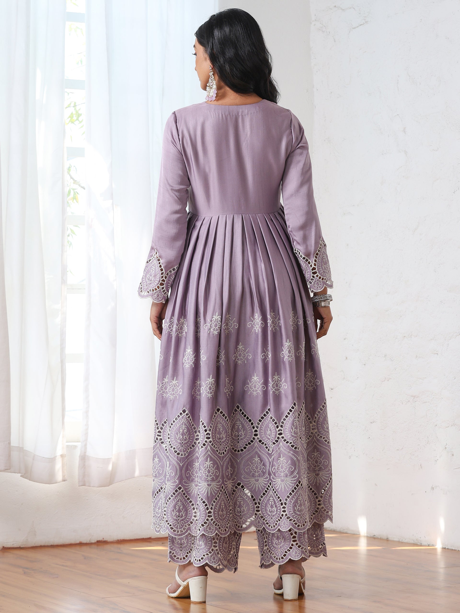 Women’s Lilac Suit Set with Pant | 2 Pc Set, A-Line, Swiss Embroidery on Kurta, Party Wear, Casual (PRF'T Lux Duchess Satin Fabric)