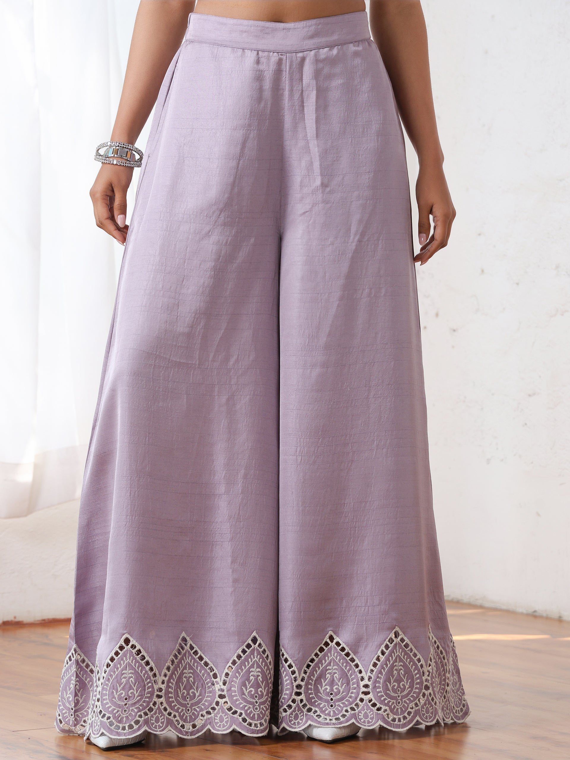 Women’s Luxe Lilac Schffli Palazzo | 1 Pc, PRF'T Lux Duchess Satin Fabric, Schiffli Embroidery, Festive Party Wear