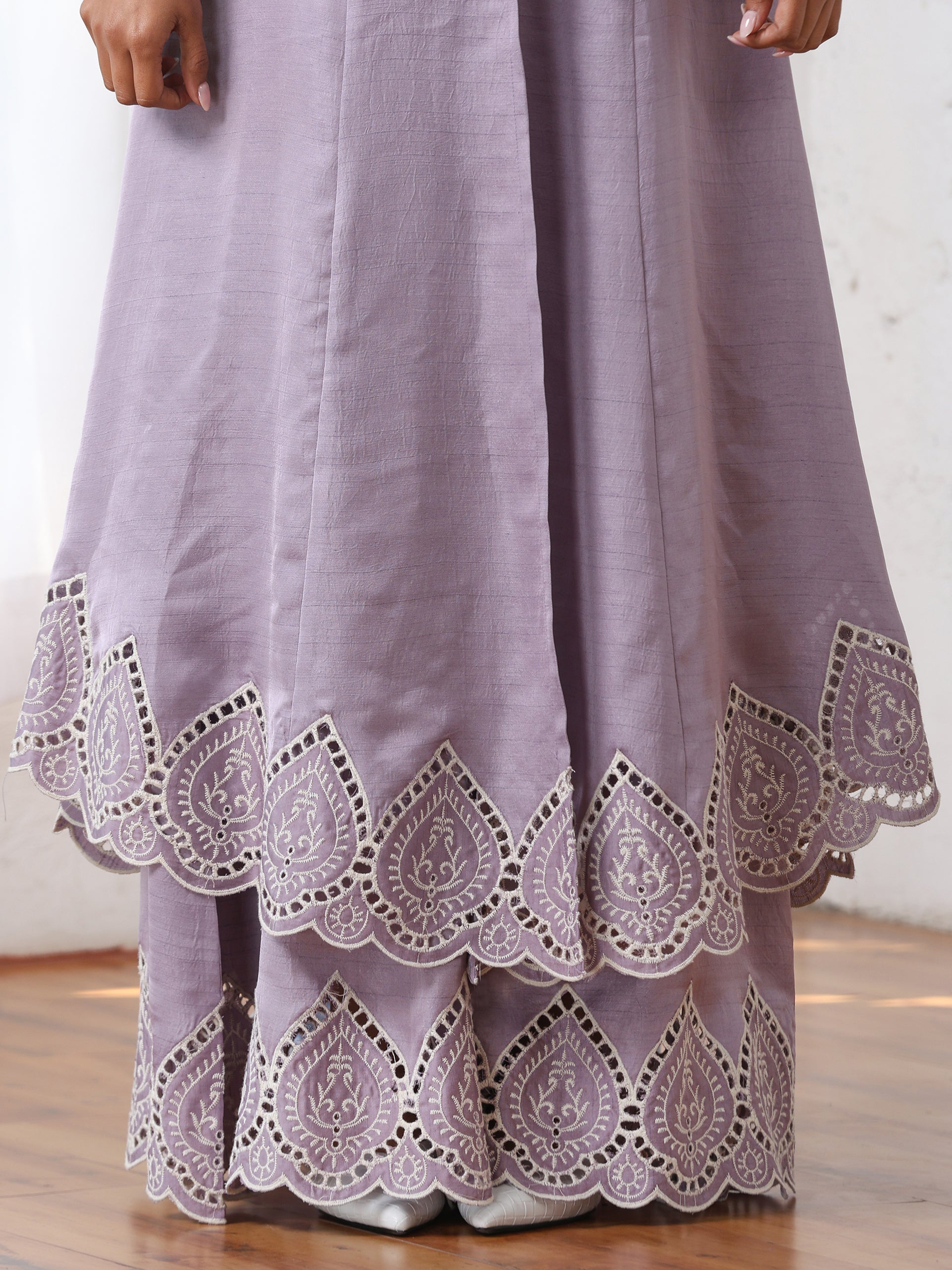 Women’s Lilac Suit Set with Palazzo | 2 Pc Set, A-Line, Swiss Embroidery on Kurta, Festive Wear, Casual (PRF'T Lux Duchess Satin Fabric)