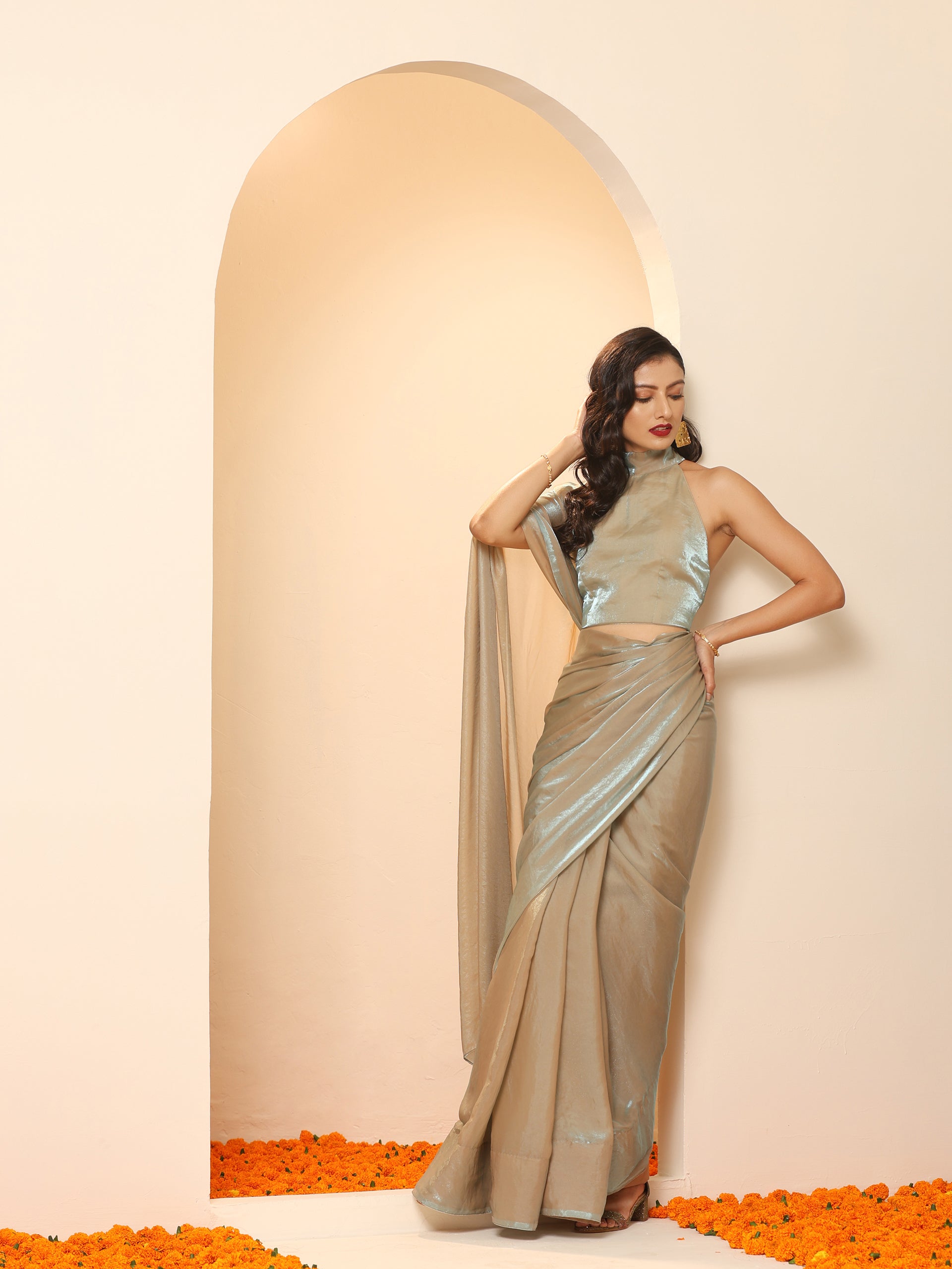 Lunar Ice Metallic Satin Saree with Blouse Fabric