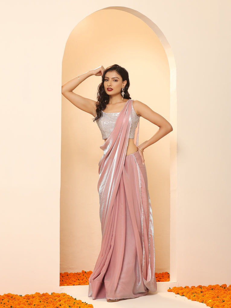 Pink Blue Metallic Satin Saree with Lace and Self Blouse Fabric