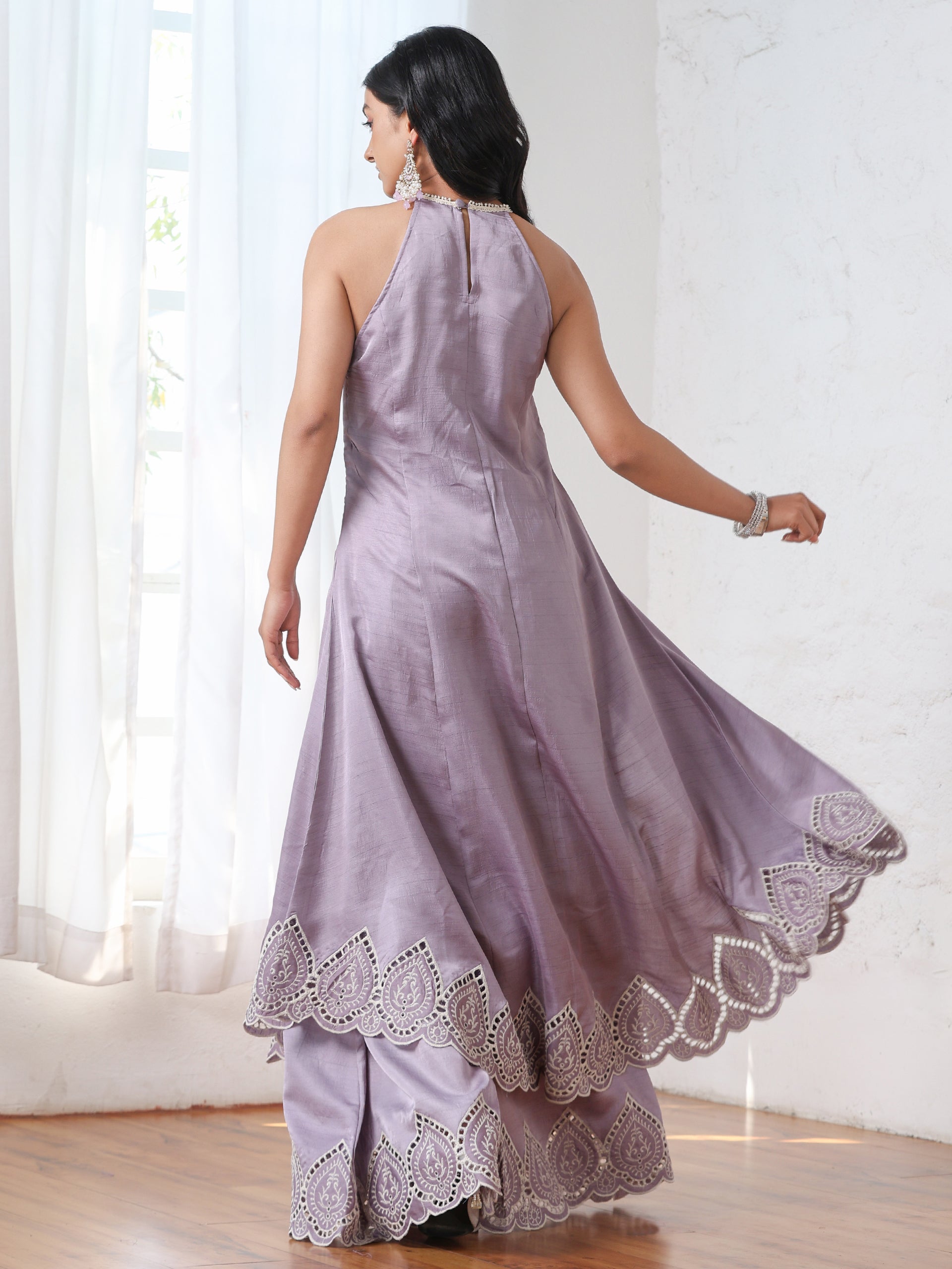 Women’s Lilac Suit Set with Palazzo | 2 Pc Set, A-Line, Swiss Embroidery on Kurta, Festive Wear, Casual (PRF'T Lux Duchess Satin Fabric)