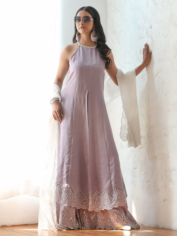 Women’s Lilac Suit Set with Palazzo | 2 Pc Set, A-Line, Swiss Embroidery on Kurta, Festive Wear, Casual (PRF'T Lux Duchess Satin Fabric)
