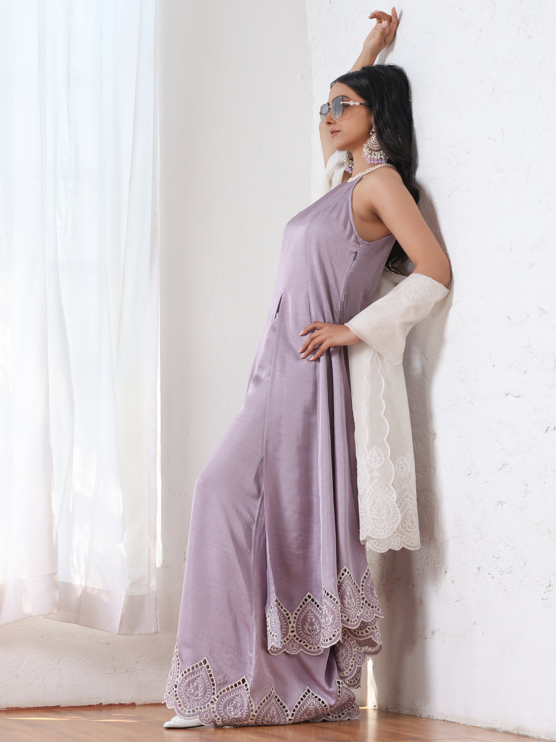 Women’s Lilac Suit Set with Palazzo | 2 Pc Set, A-Line, Swiss Embroidery on Kurta, Festive Wear, Casual (PRF'T Lux Duchess Satin Fabric)