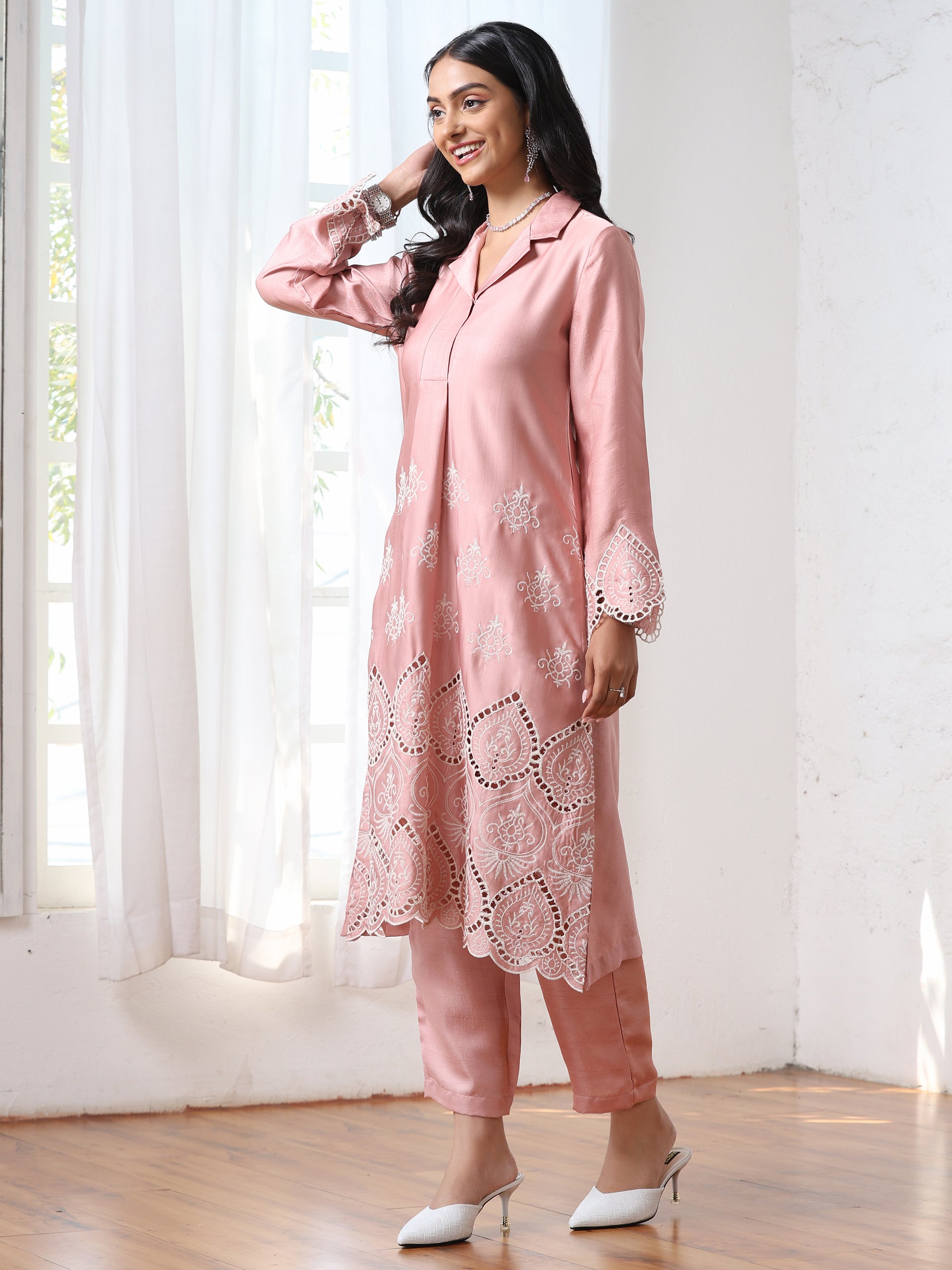 Women’s Pink Collar Suit Set with Pant | 2 Pc Set, Collar Design, Schiffli Embroidery, Full Sleeves, Work Wear, Casual (PRF'T Lux Duchess Satin Fabric)